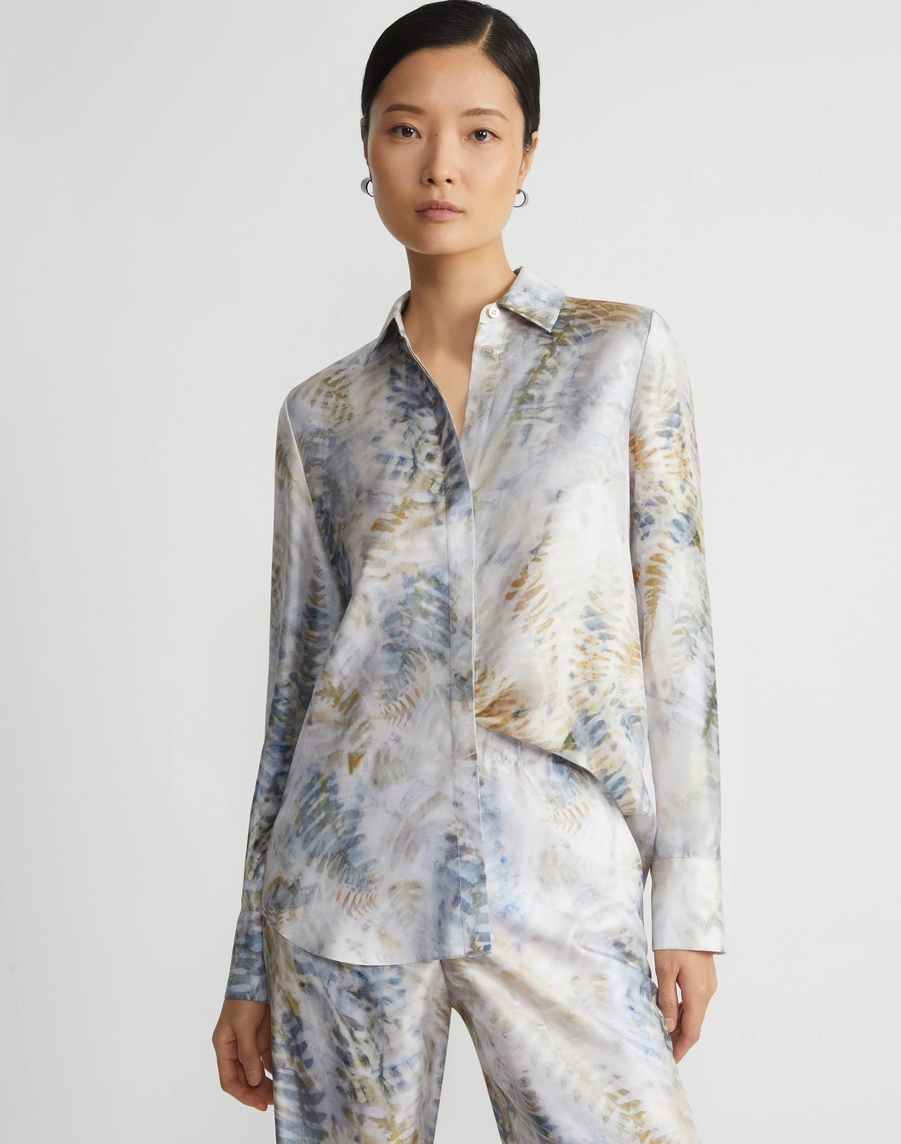 Eco Fern Print Silk Twill Buttoned Blouse