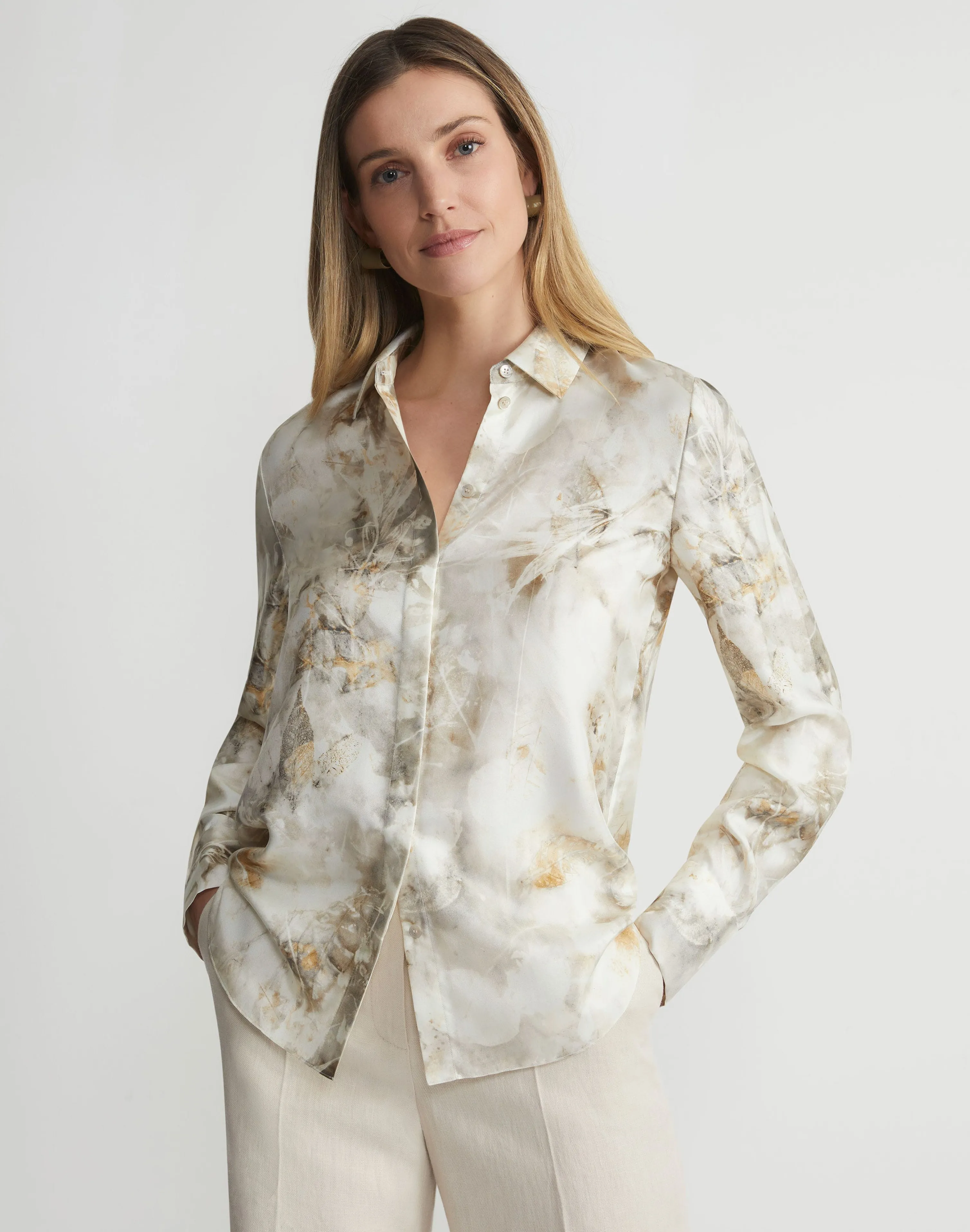 Eco Leaves Print Silk Twill Buttoned Blouse