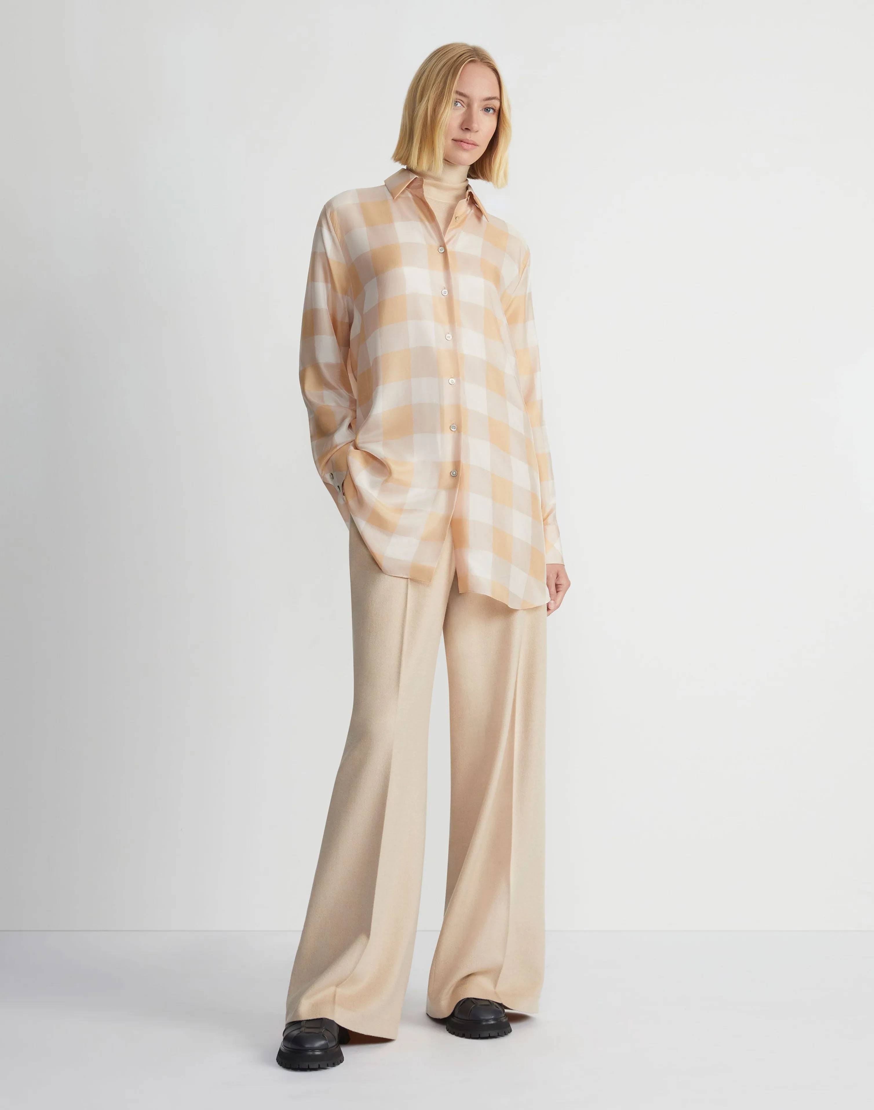 Painted Gingham Print Silk Habutai Oversized Blouse