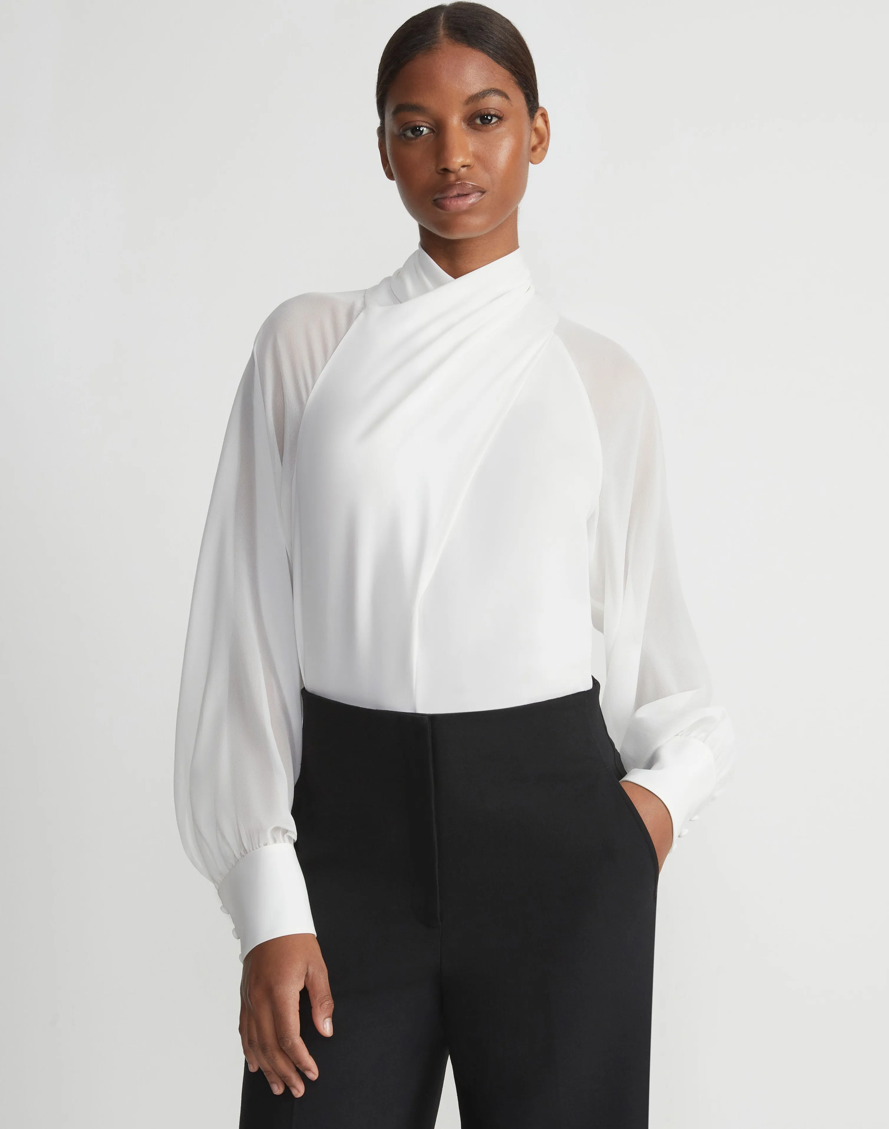 Opaque & Sheer Silk Wrap Blouse