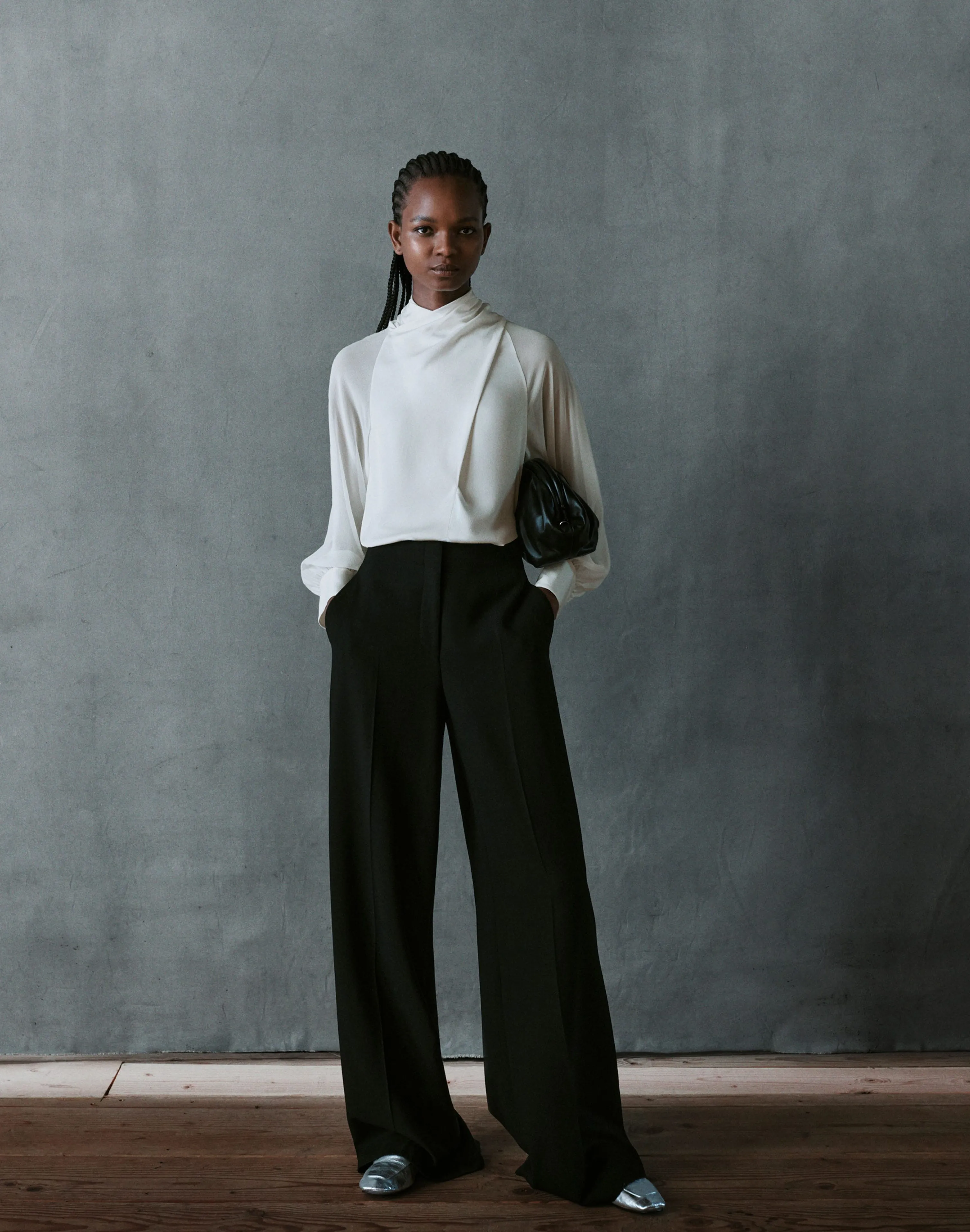 Opaque & Sheer Silk Wrap Blouse