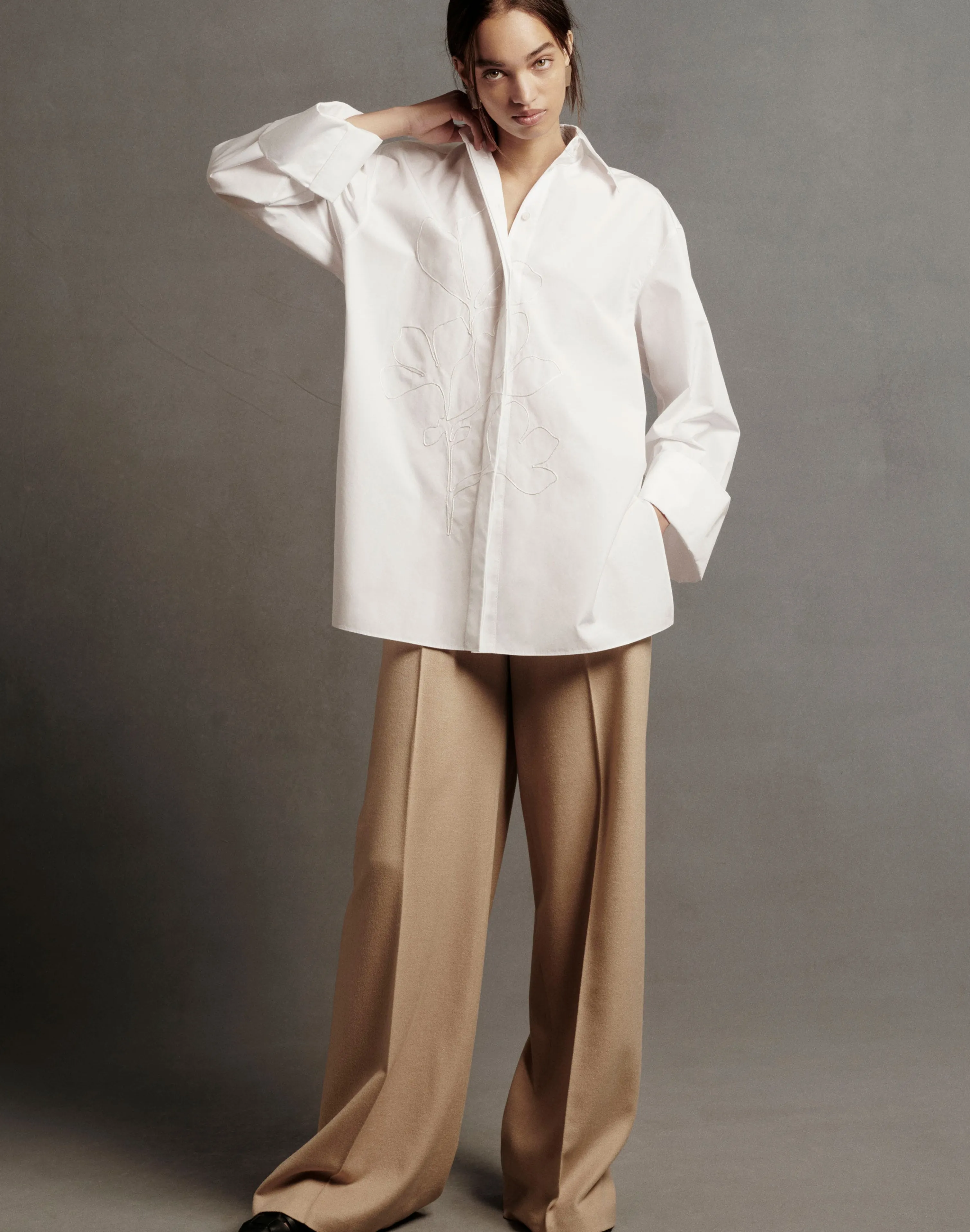 Embroidered Rose Organic Cotton Poplin Oversized Shirt