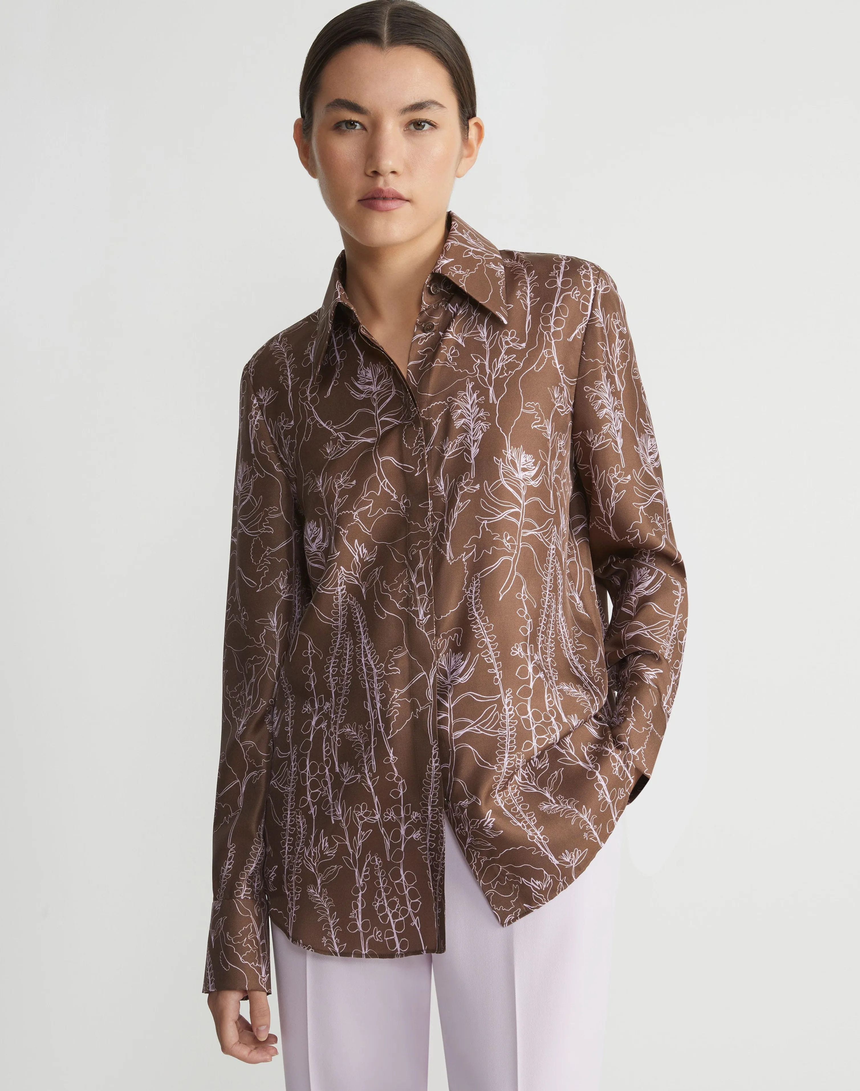 Flora Print Silk Twill Point Collar Blouse
