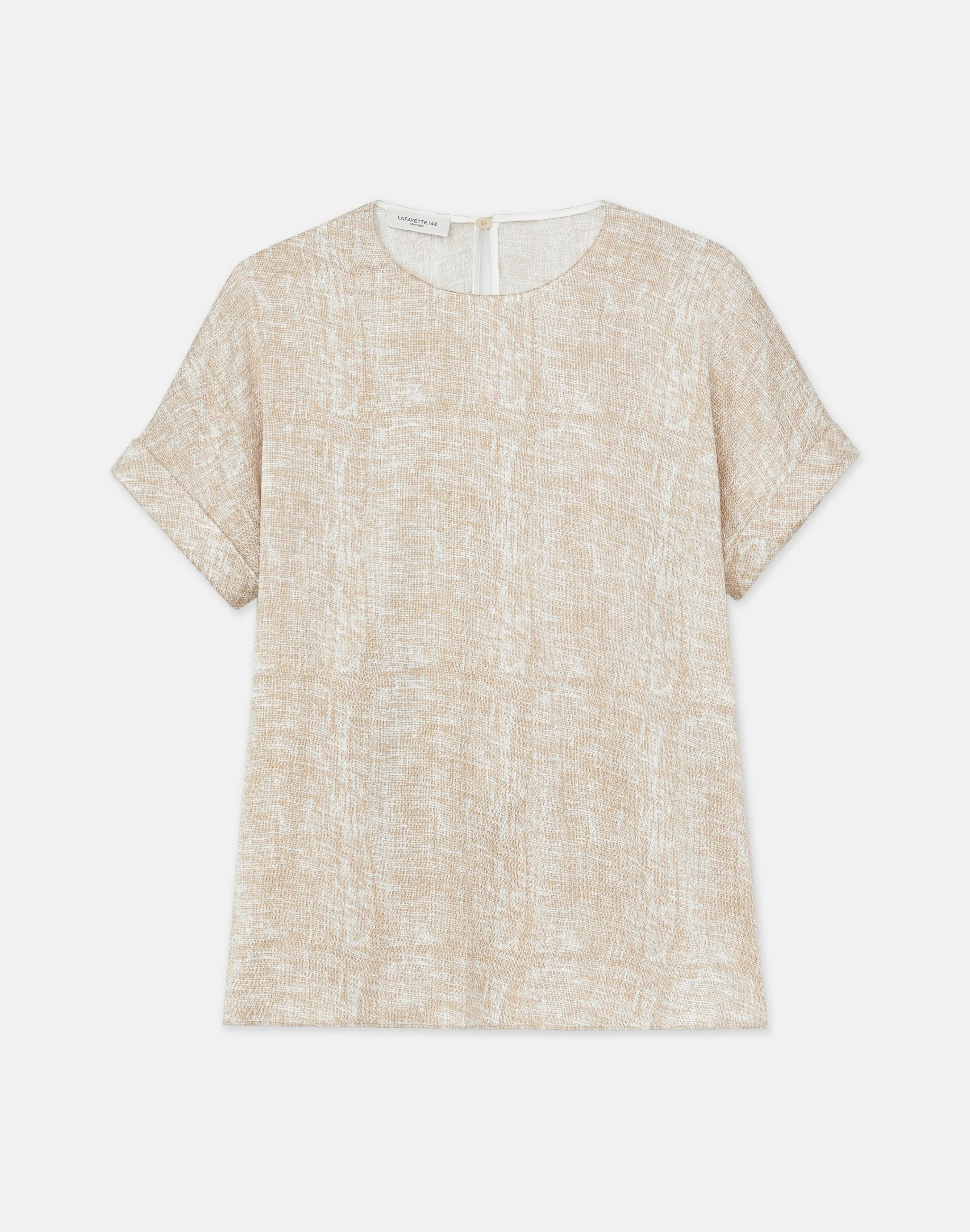Burlap Print Crinkle Stretch Silk T-Shirt Blouse