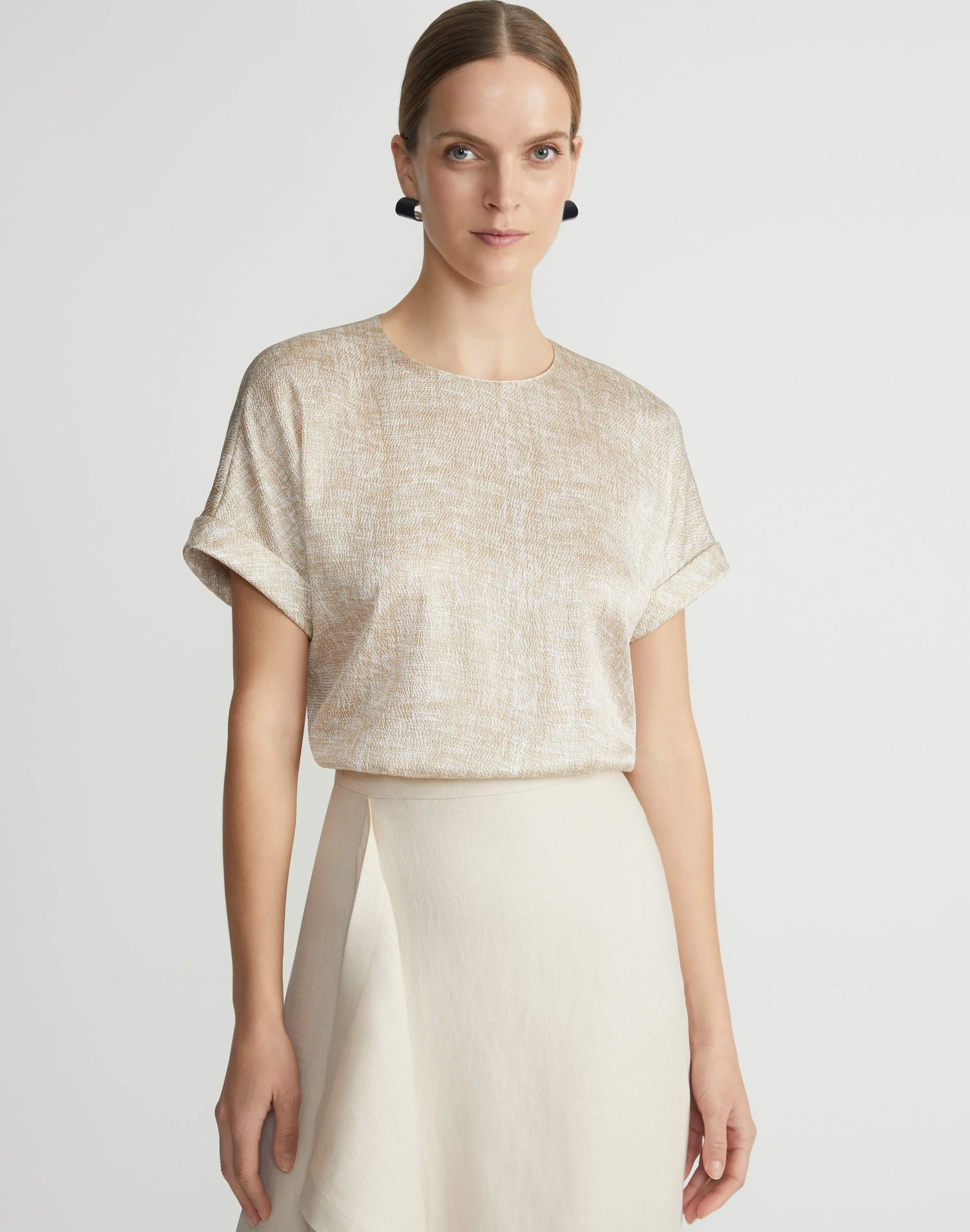 Burlap Print Crinkle Stretch Silk T-Shirt Blouse