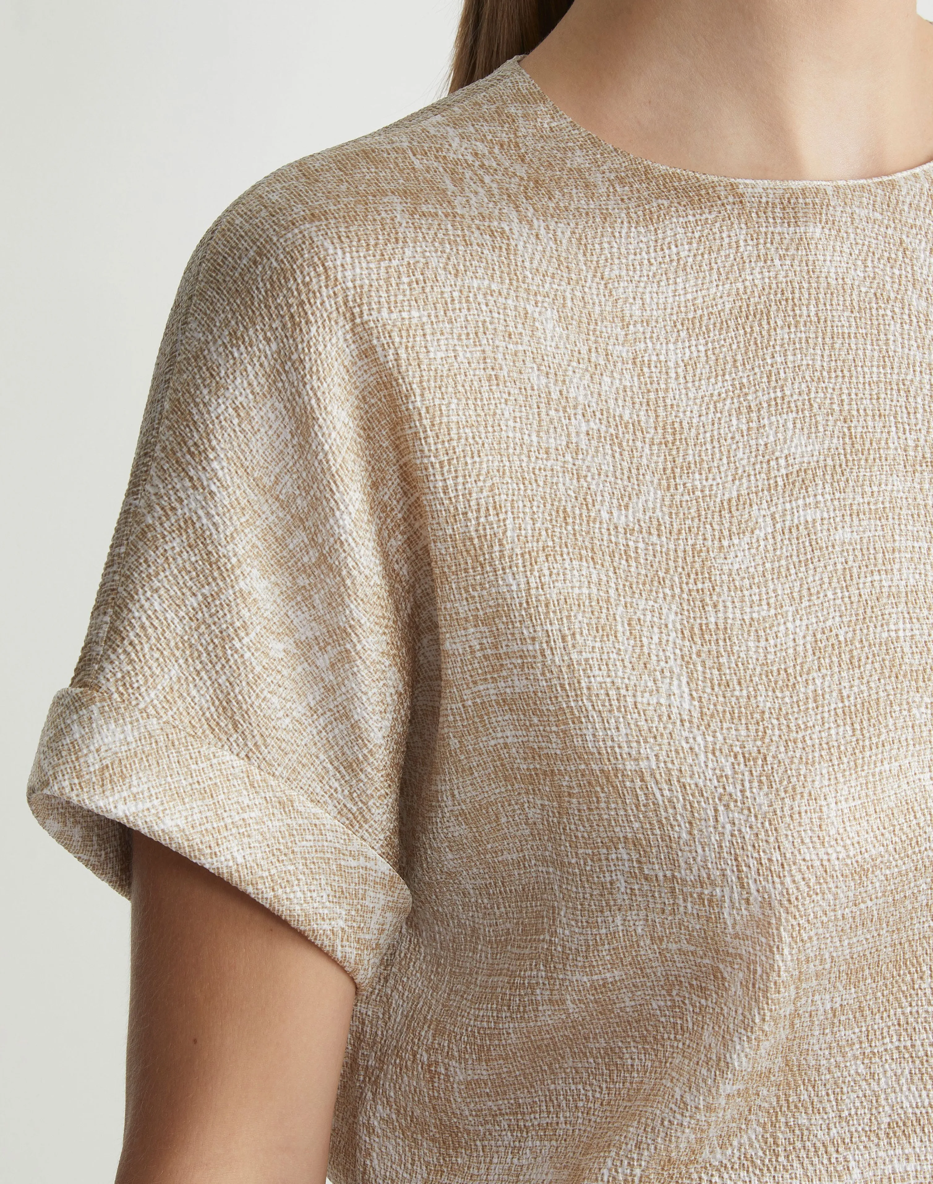 Burlap Print Crinkle Stretch Silk T-Shirt Blouse