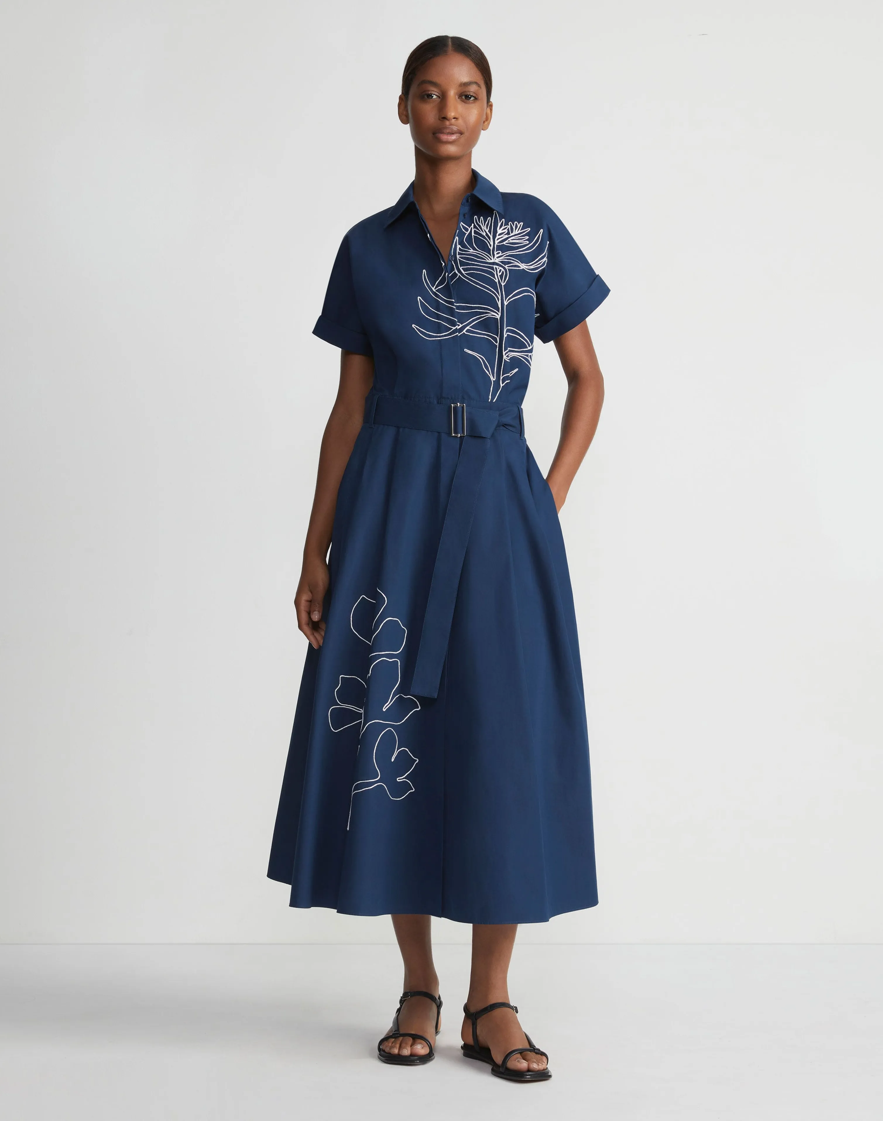 Embroidered Rose Organic Cotton Poplin Shirtdress