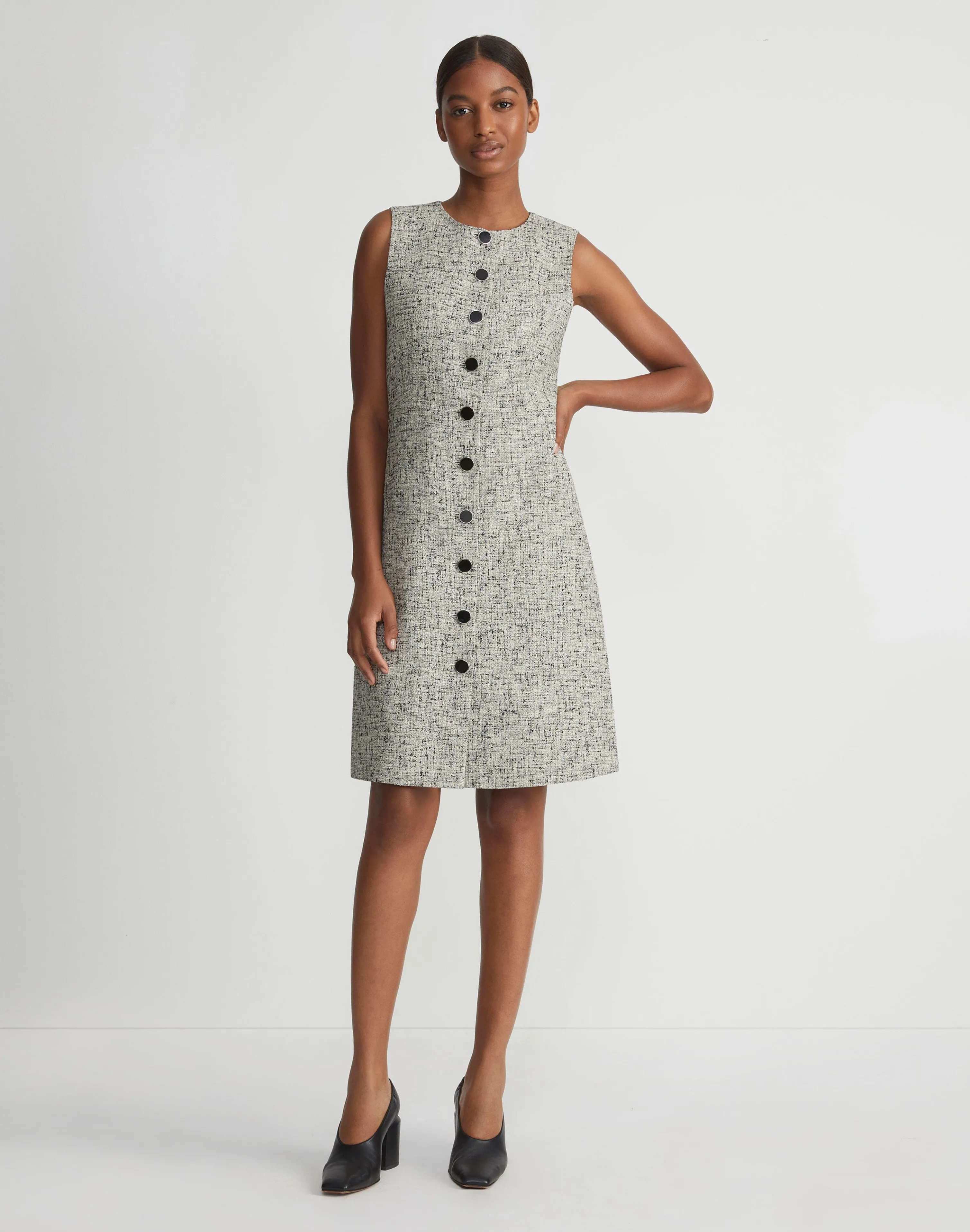 Linen-Cotton Bouclé Tweed Buttoned Dress