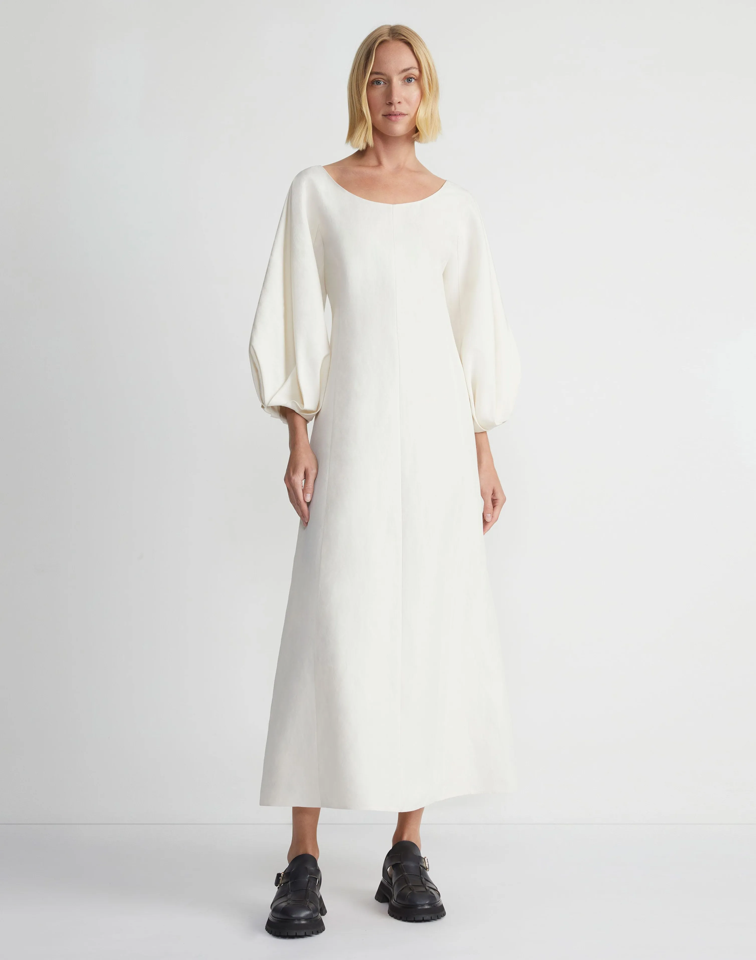 Silk-Linen Lantern Sleeve Dress