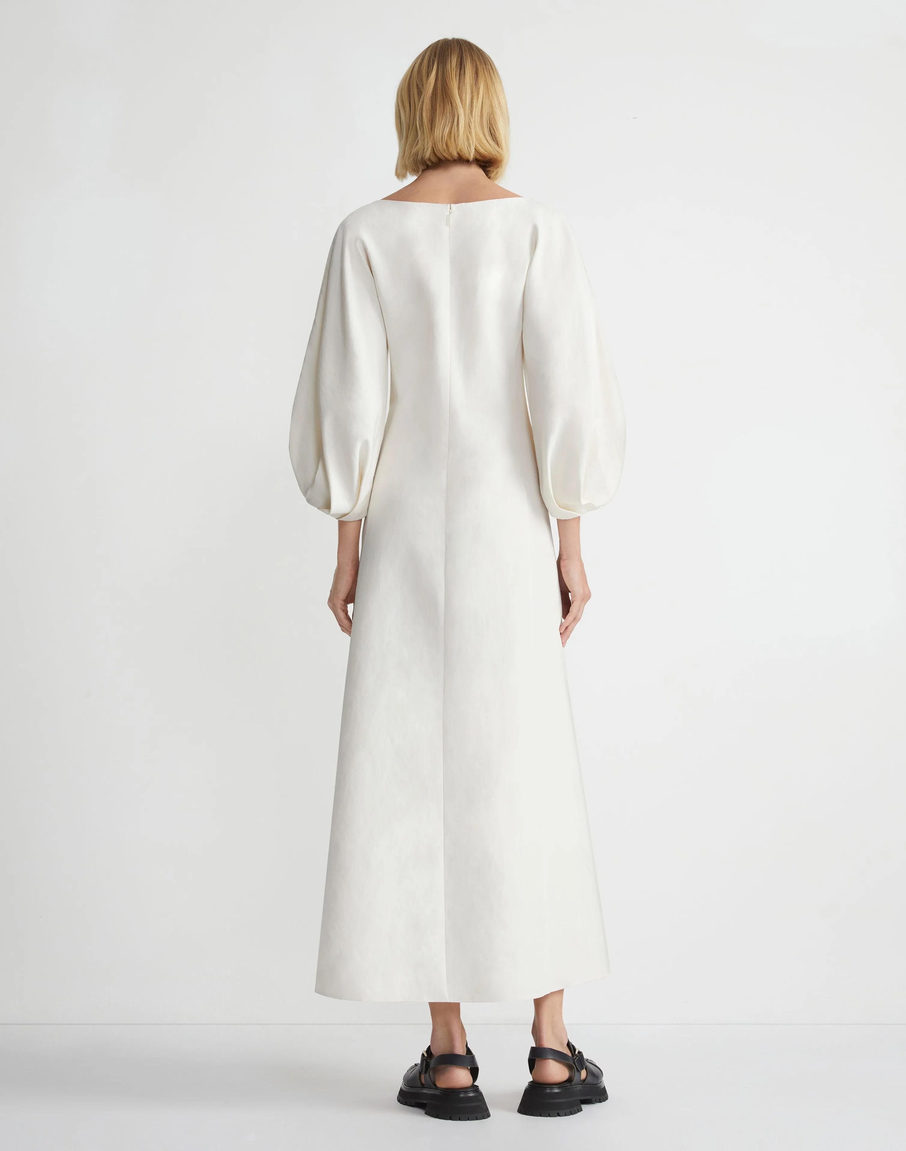 Silk-Linen Lantern Sleeve Dress
