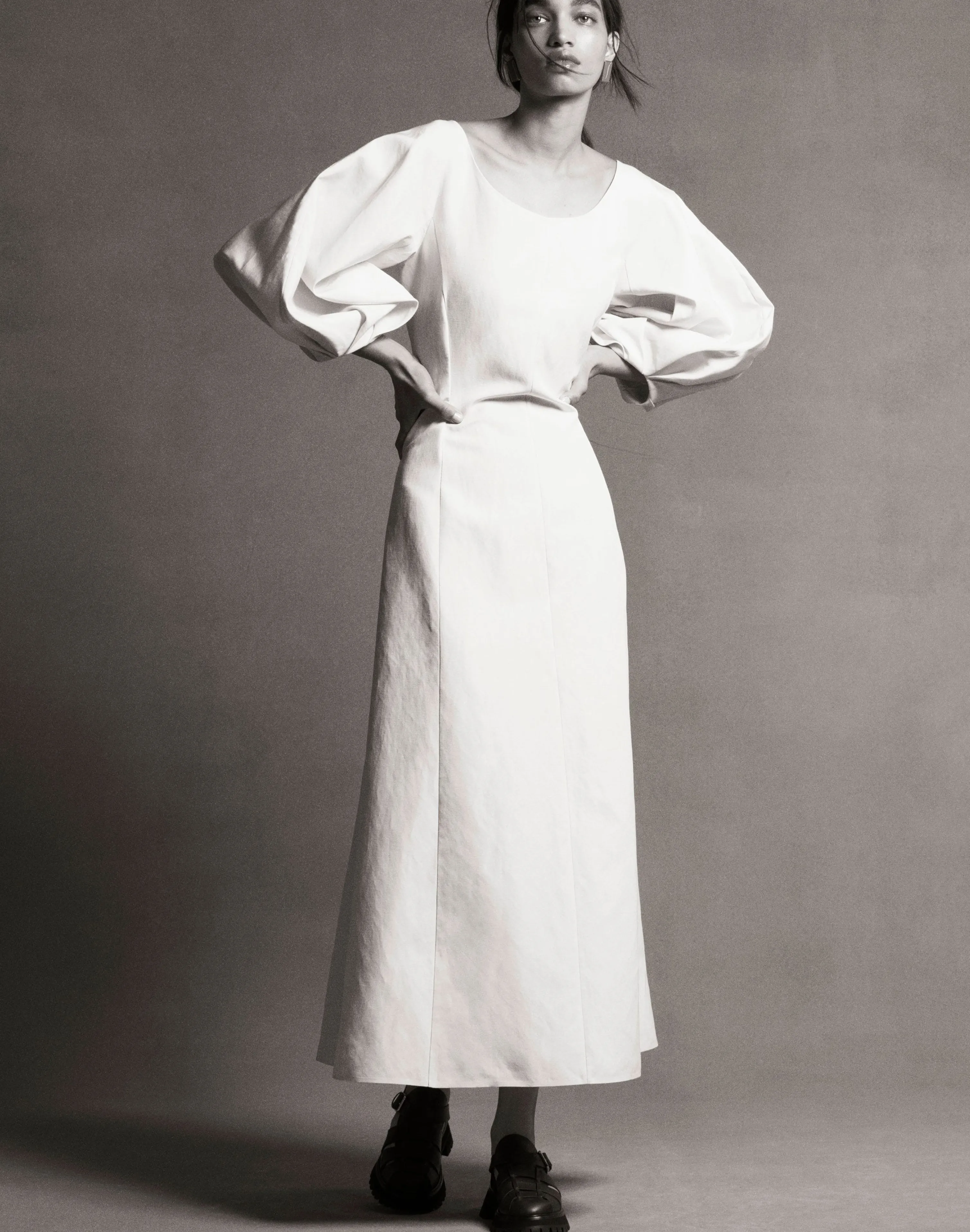 Silk-Linen Lantern Sleeve Dress