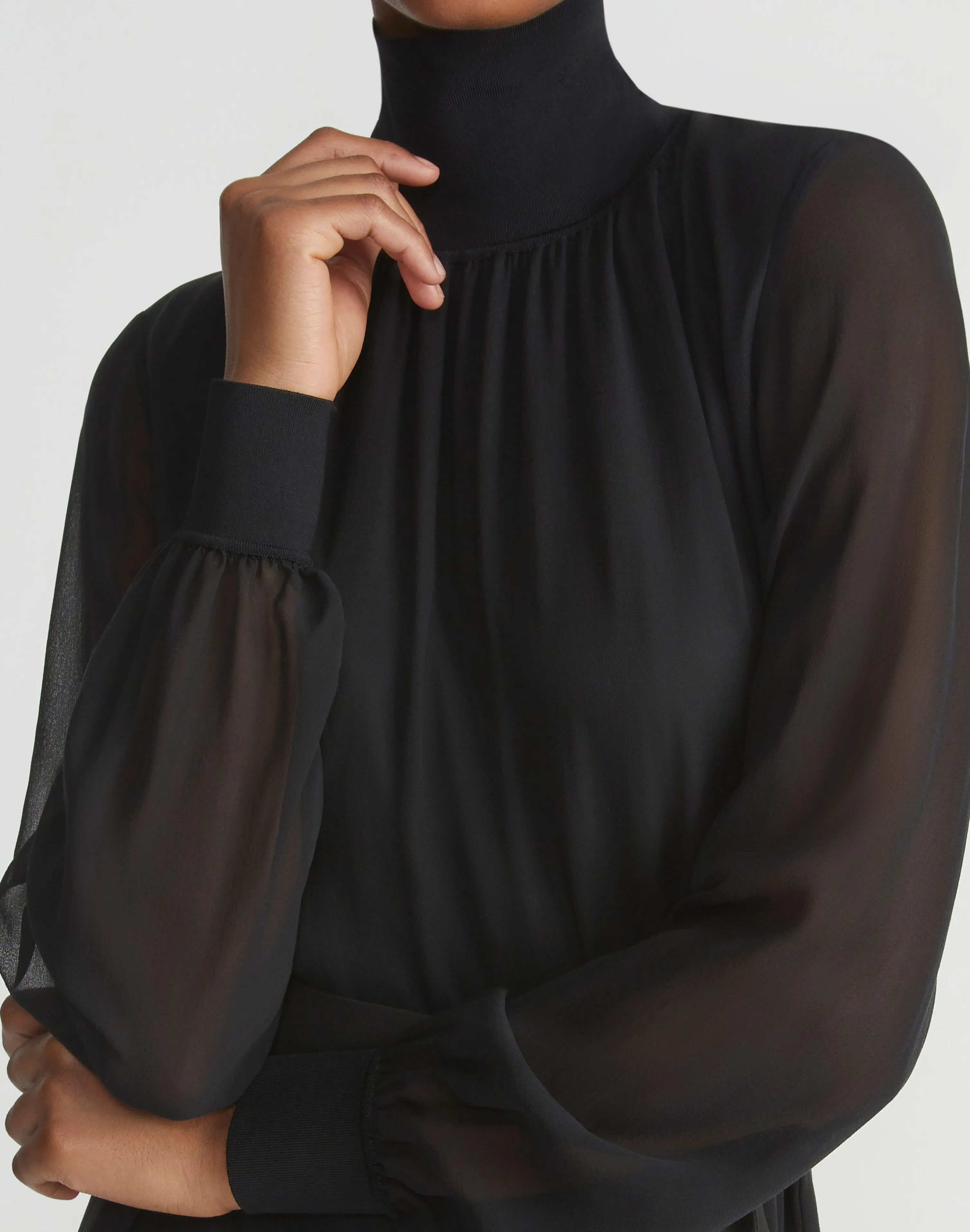 Opaque & Sheer Silk Turtleneck Dress