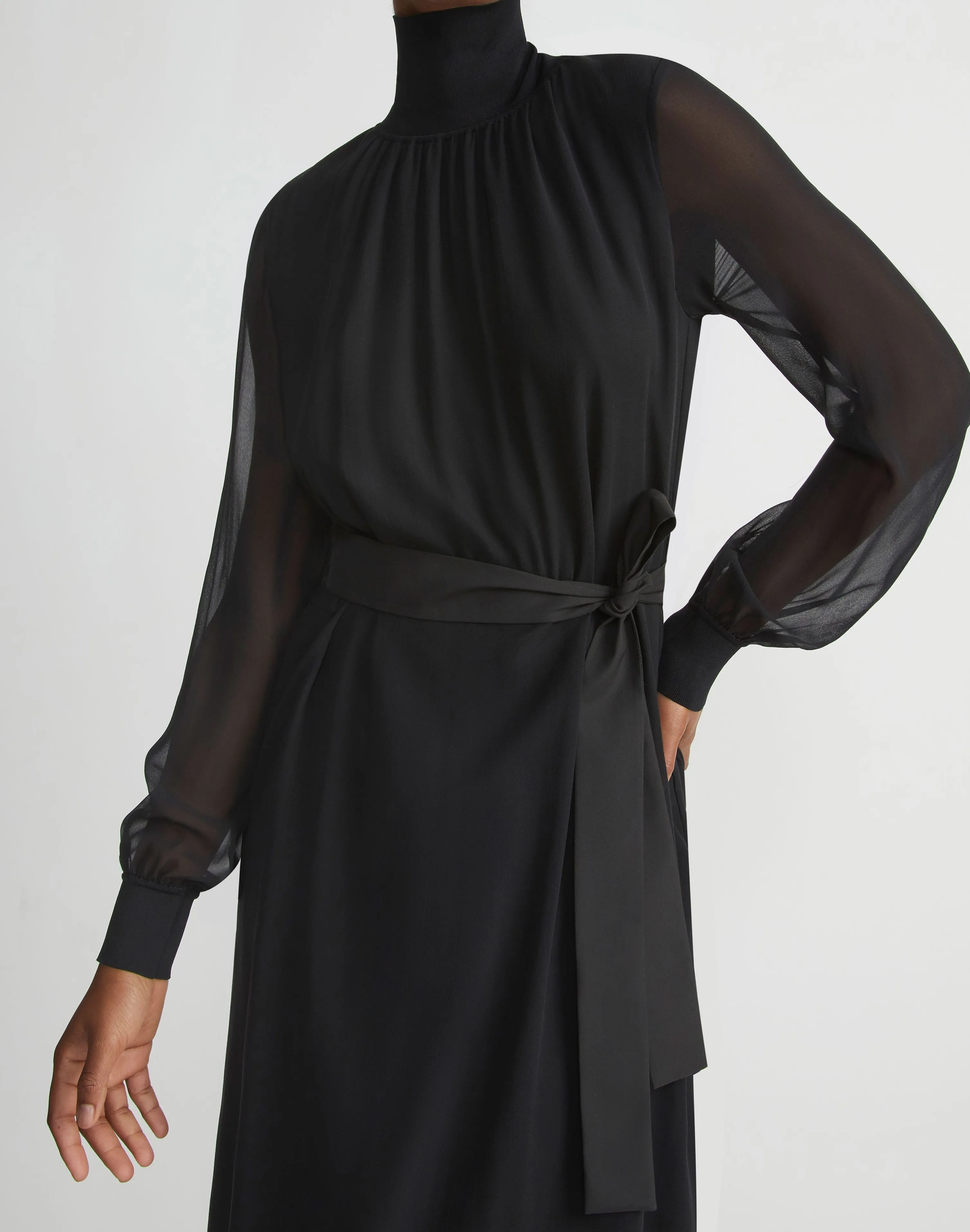 Opaque & Sheer Silk Turtleneck Dress