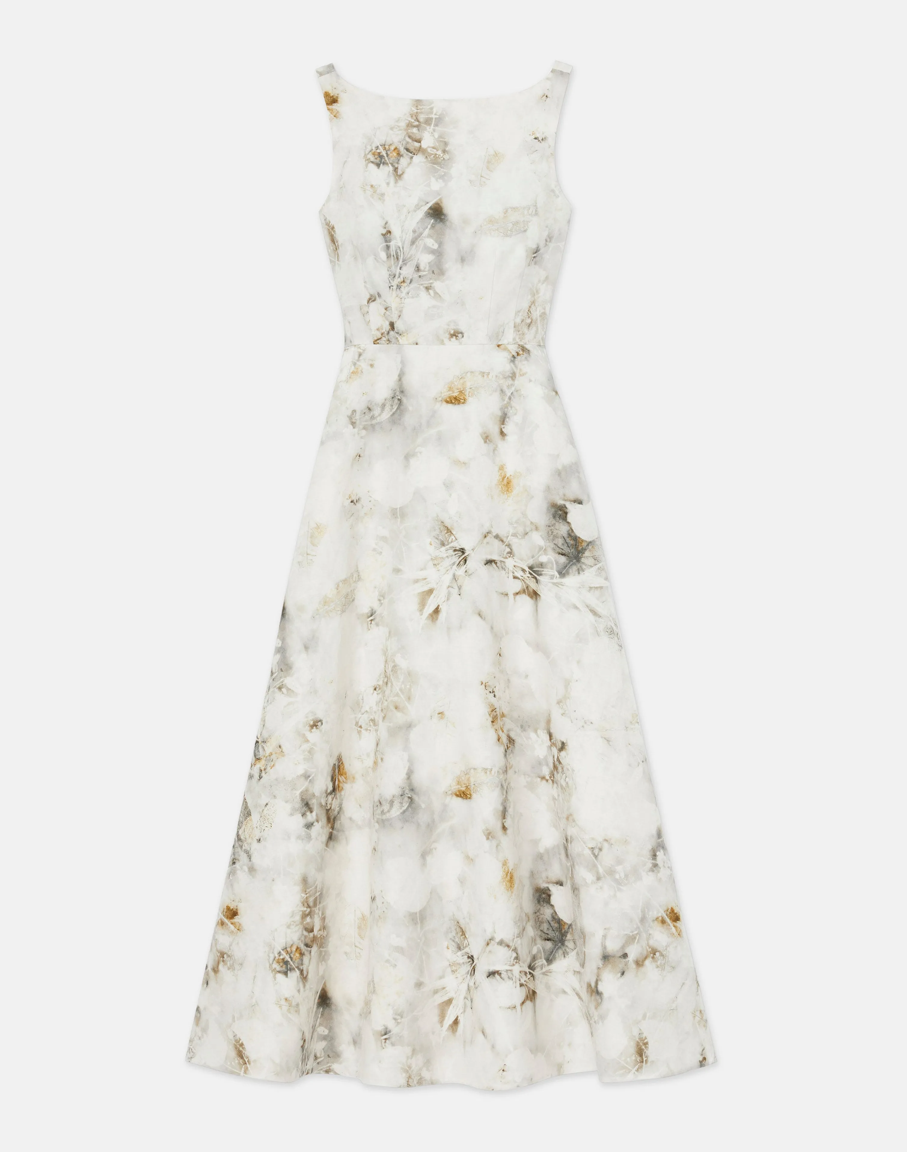 Eco Leaves Print Silk-Linen Bateau Gown