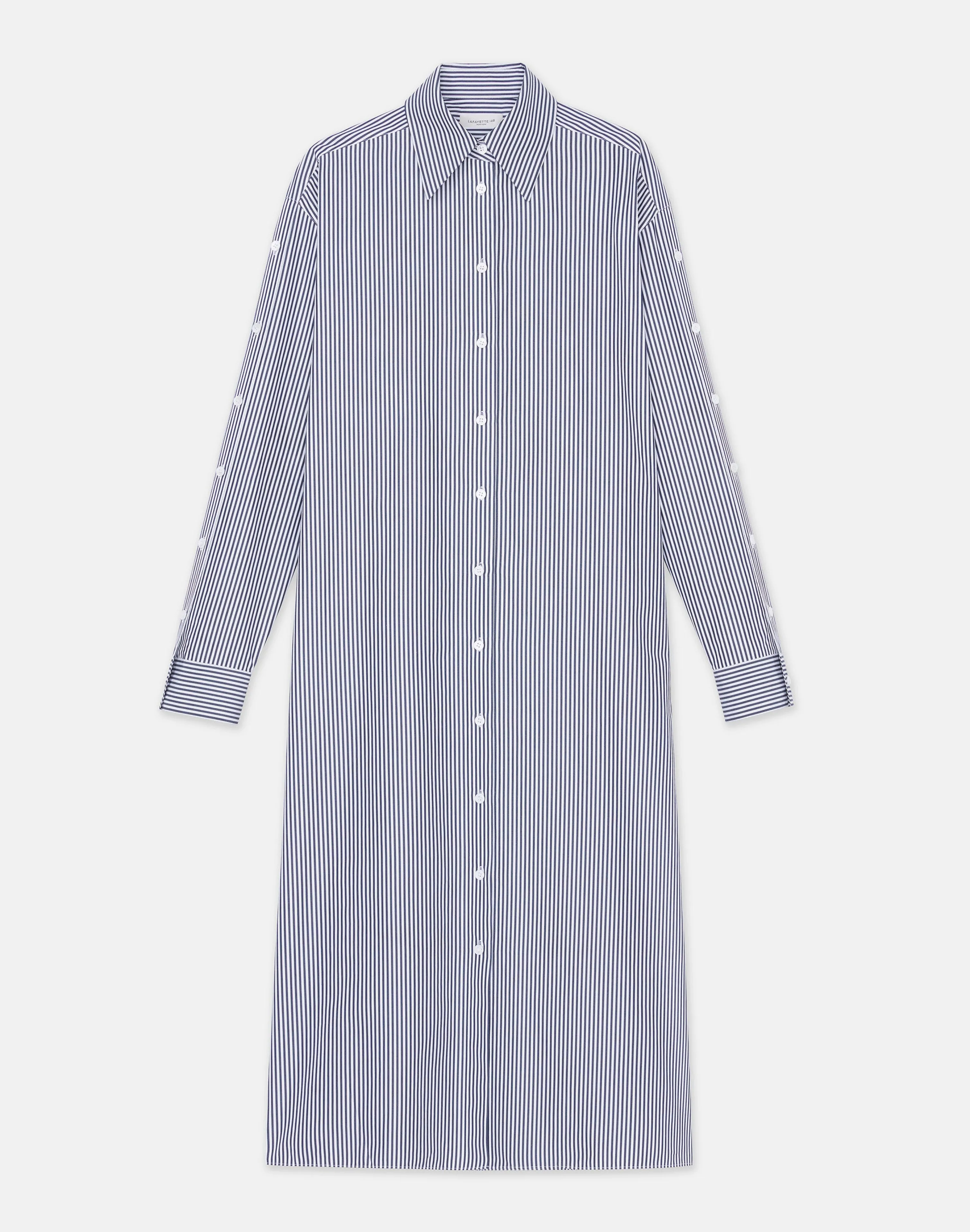 Stripe Cotton Poplin Button Sleeve Oversized Shirtdress