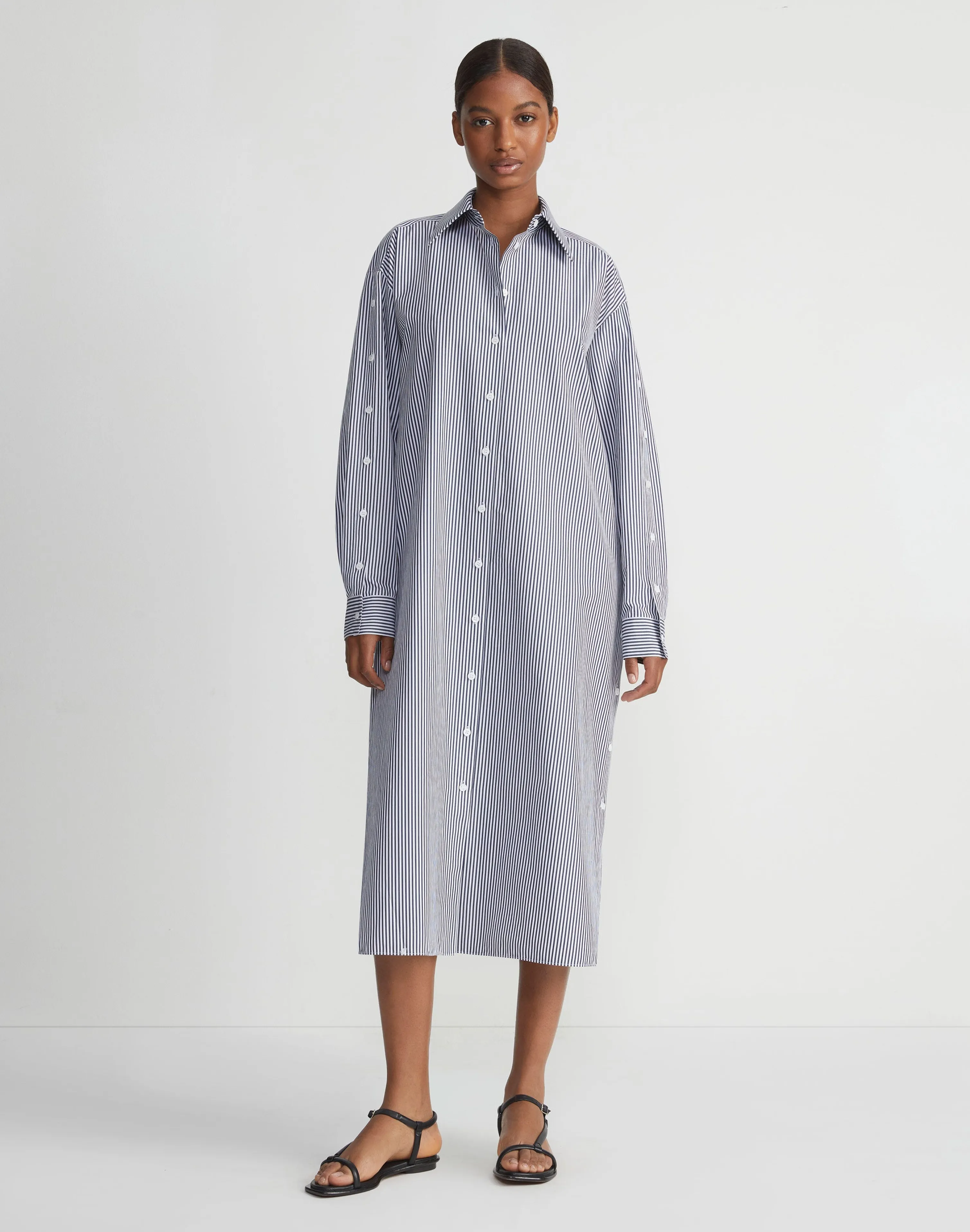 Stripe Cotton Poplin Button Sleeve Oversized Shirtdress