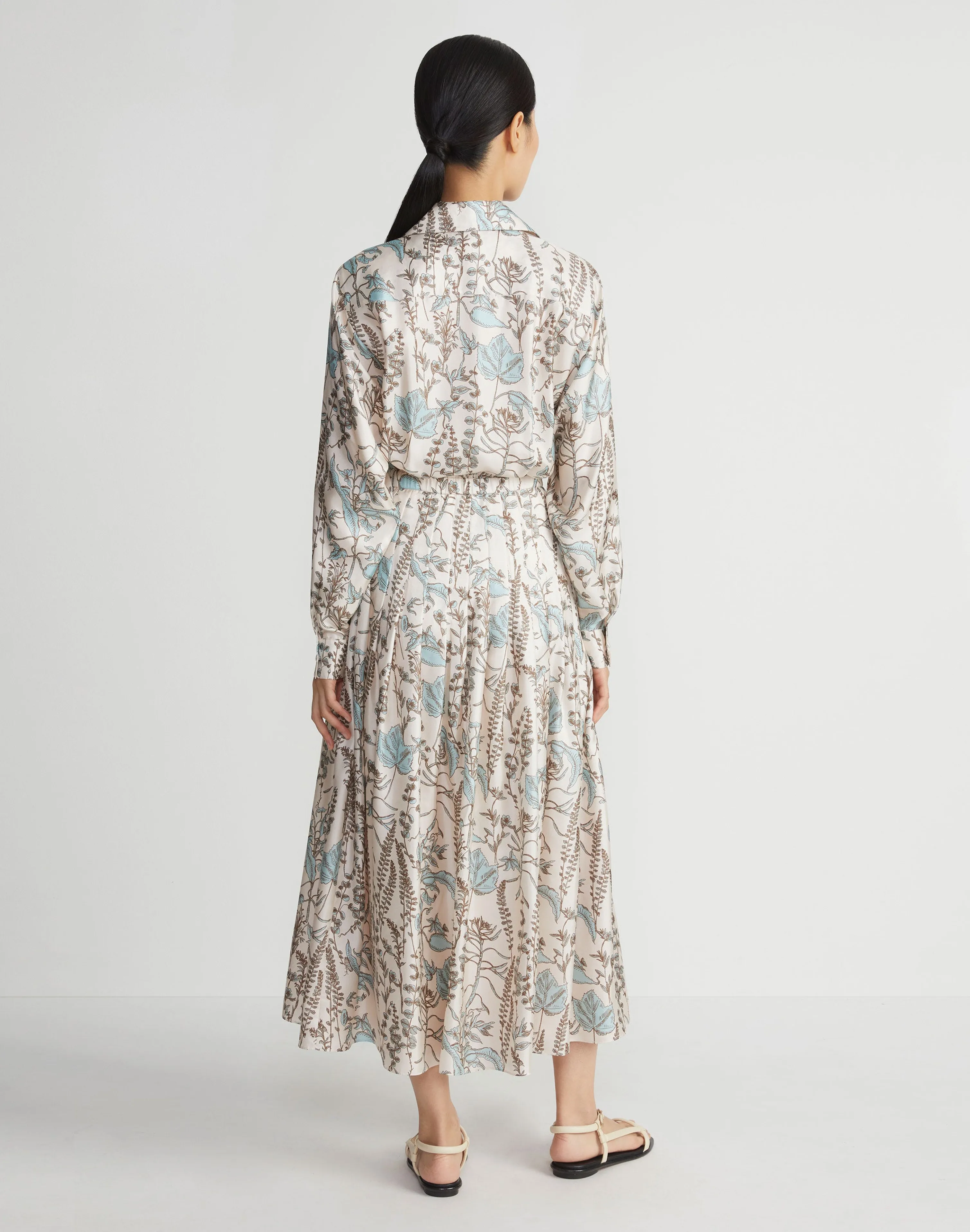 Flora Trail Print Silk Twill Pleated Shirtdress