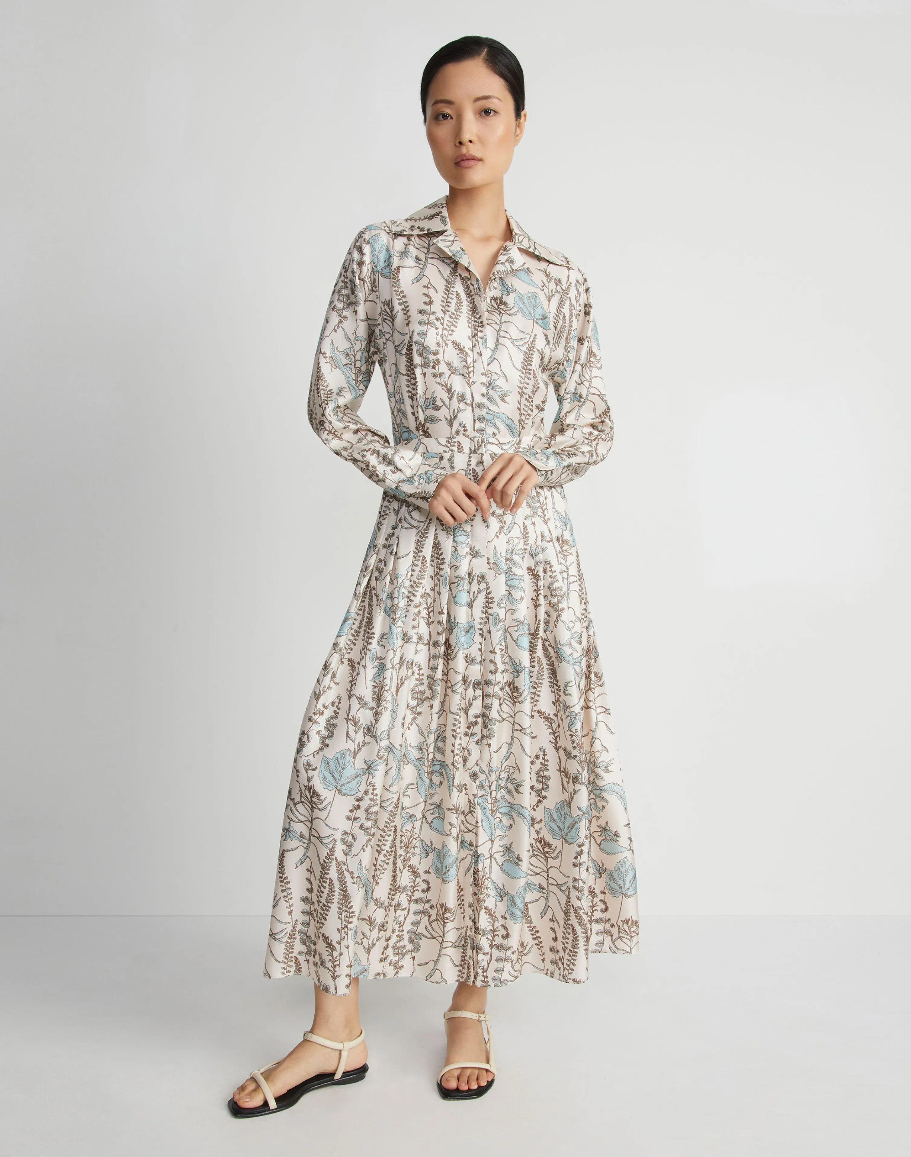 Flora Trail Print Silk Twill Pleated Shirtdress