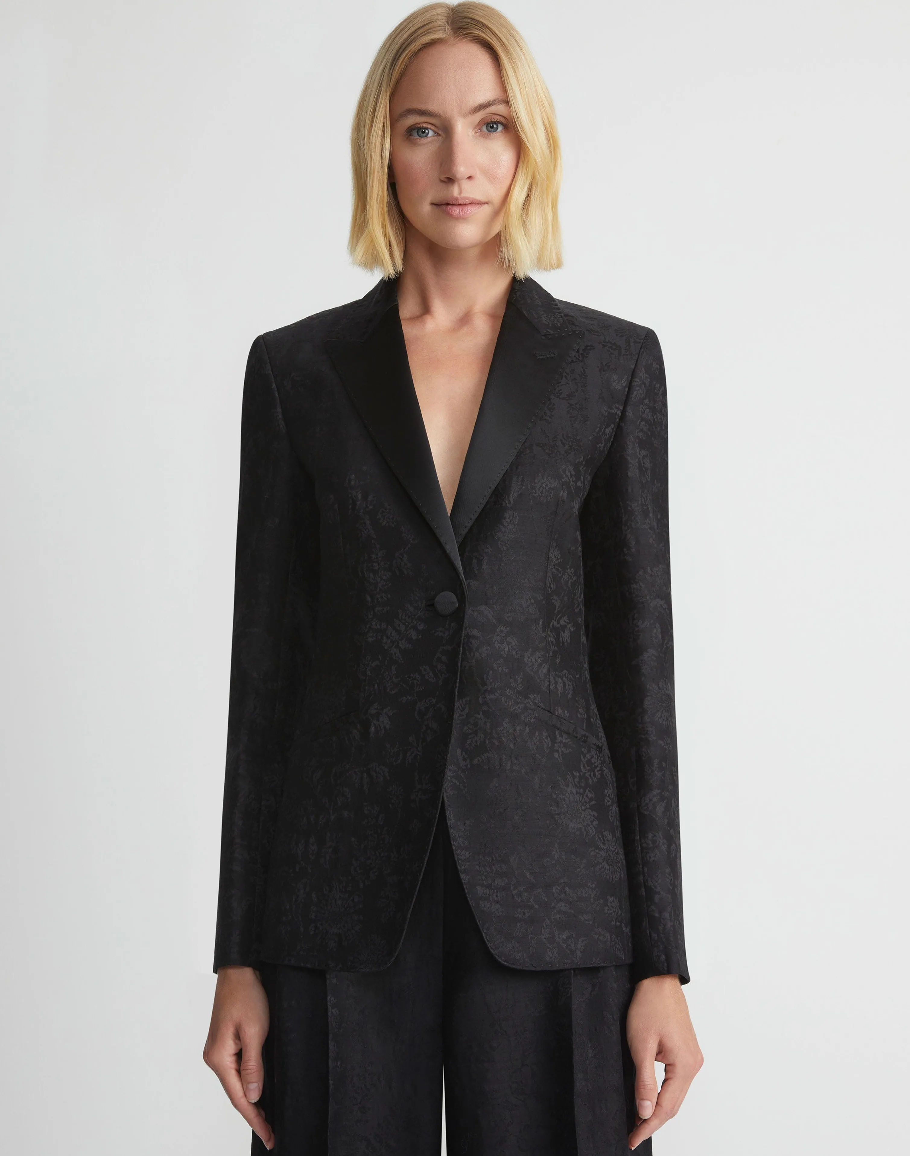 Flora Bloom Jacquard Wool-Silk Satin Lapel Blazer