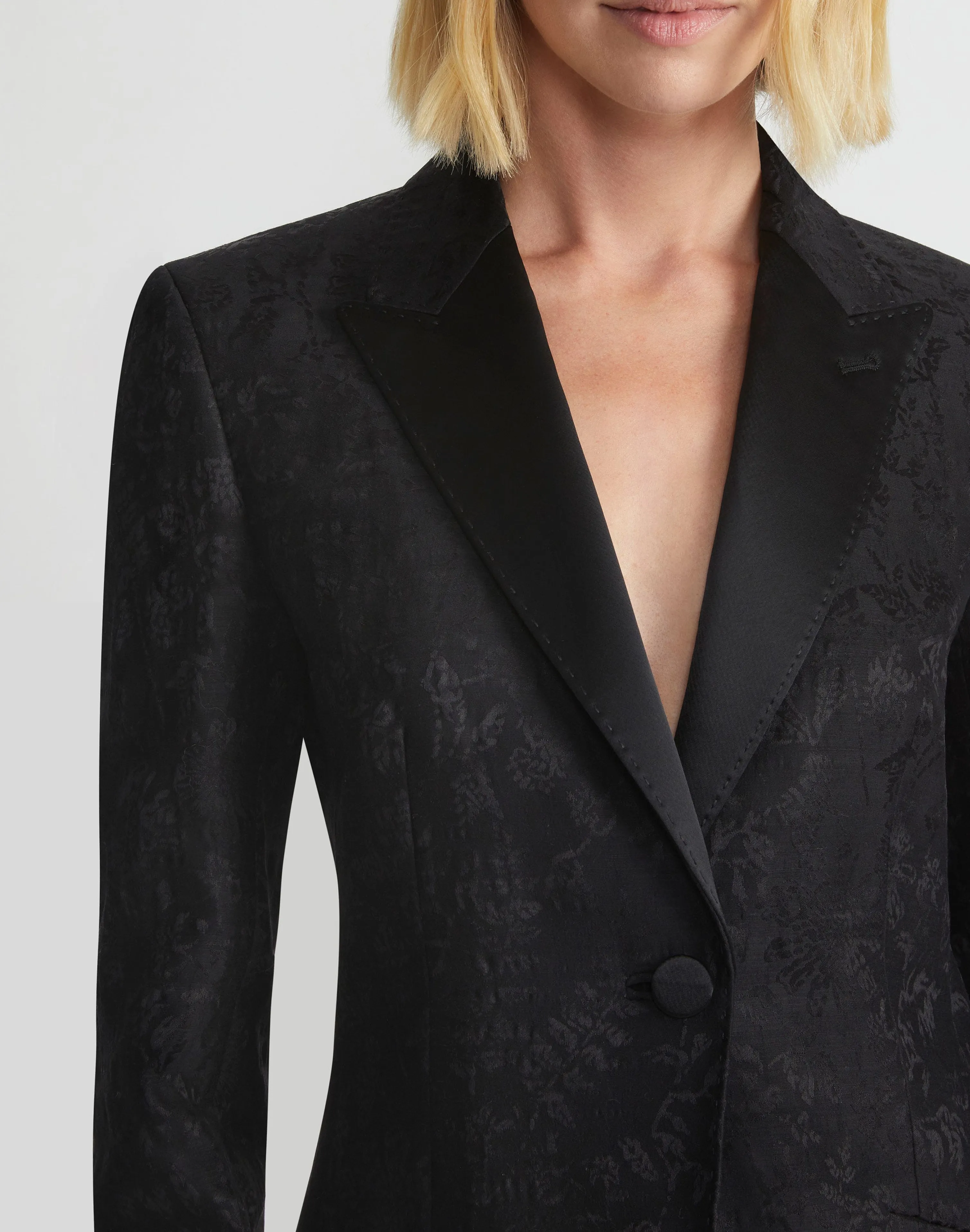 Flora Bloom Jacquard Wool-Silk Satin Lapel Blazer