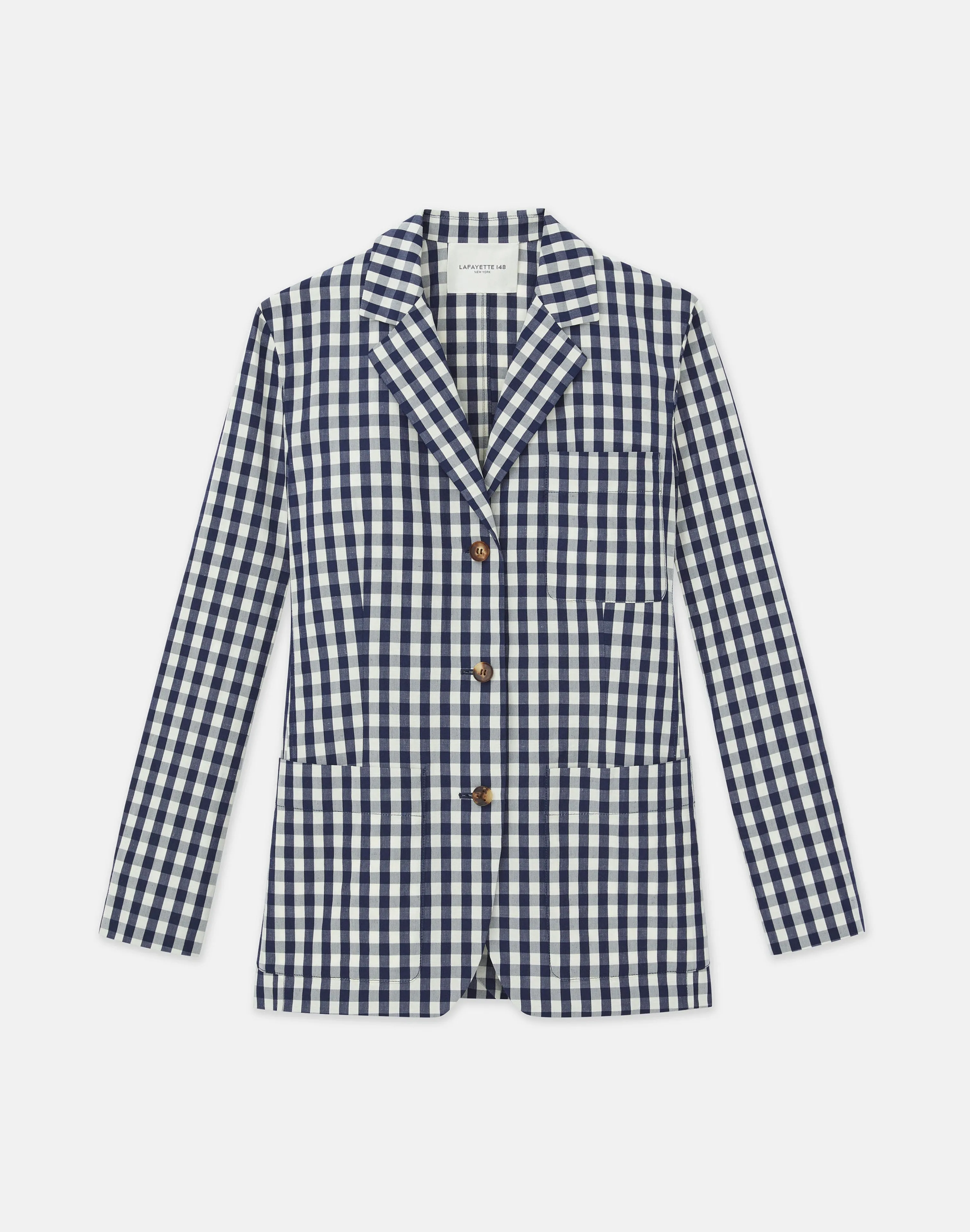 Gingham Crinkle Cotton-Linen Three Button Blazer