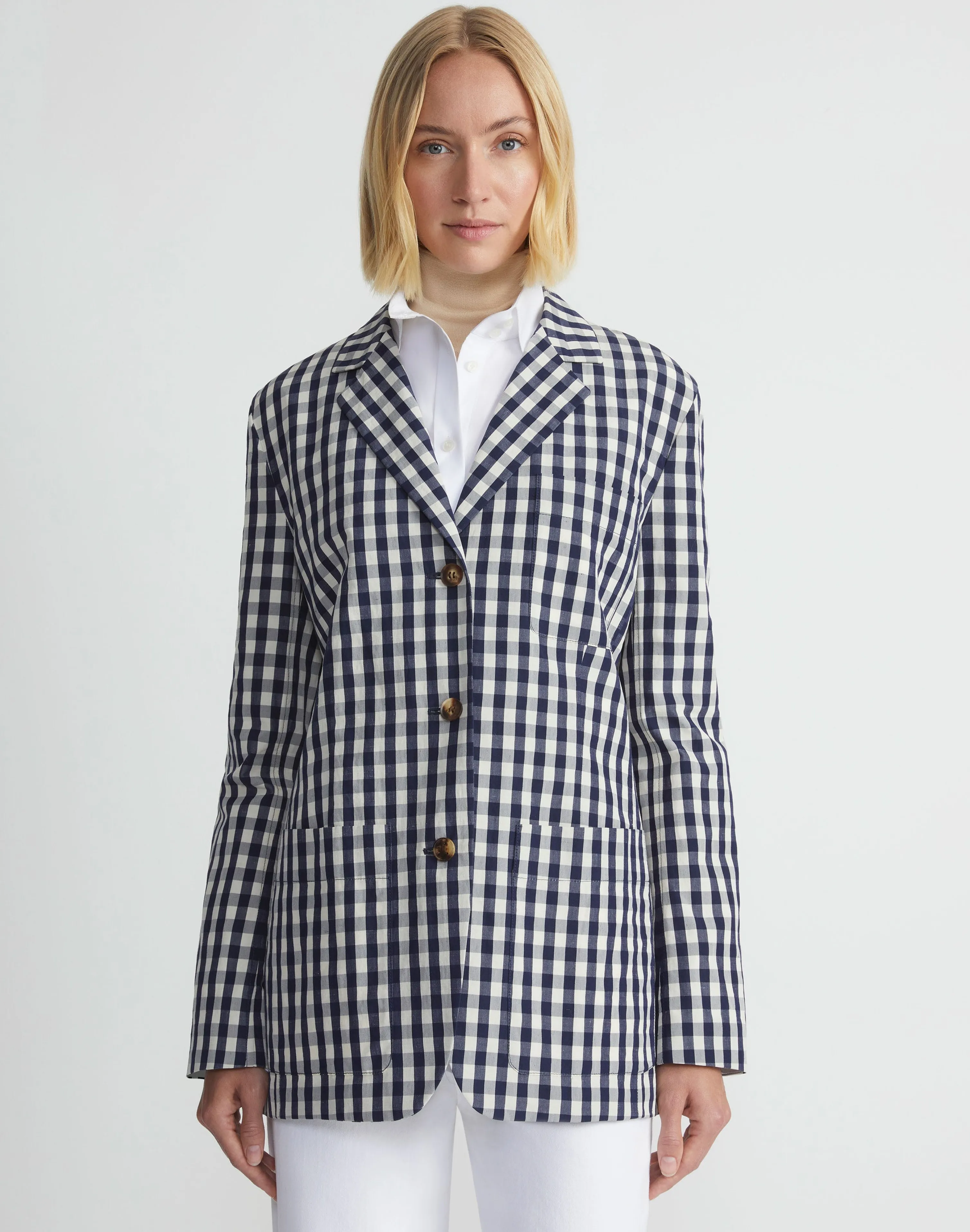 Gingham Crinkle Cotton-Linen Three Button Blazer