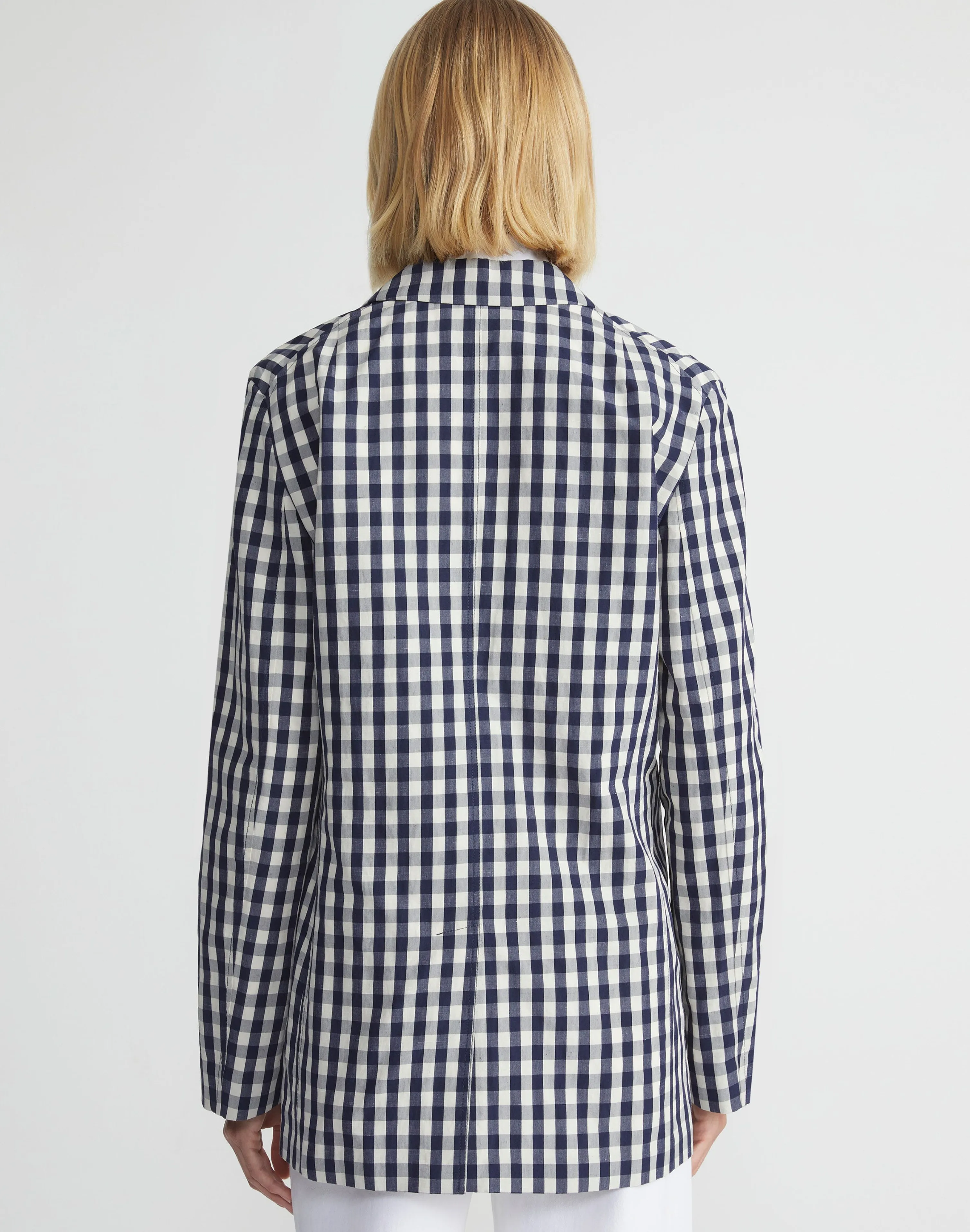 Gingham Crinkle Cotton-Linen Three Button Blazer