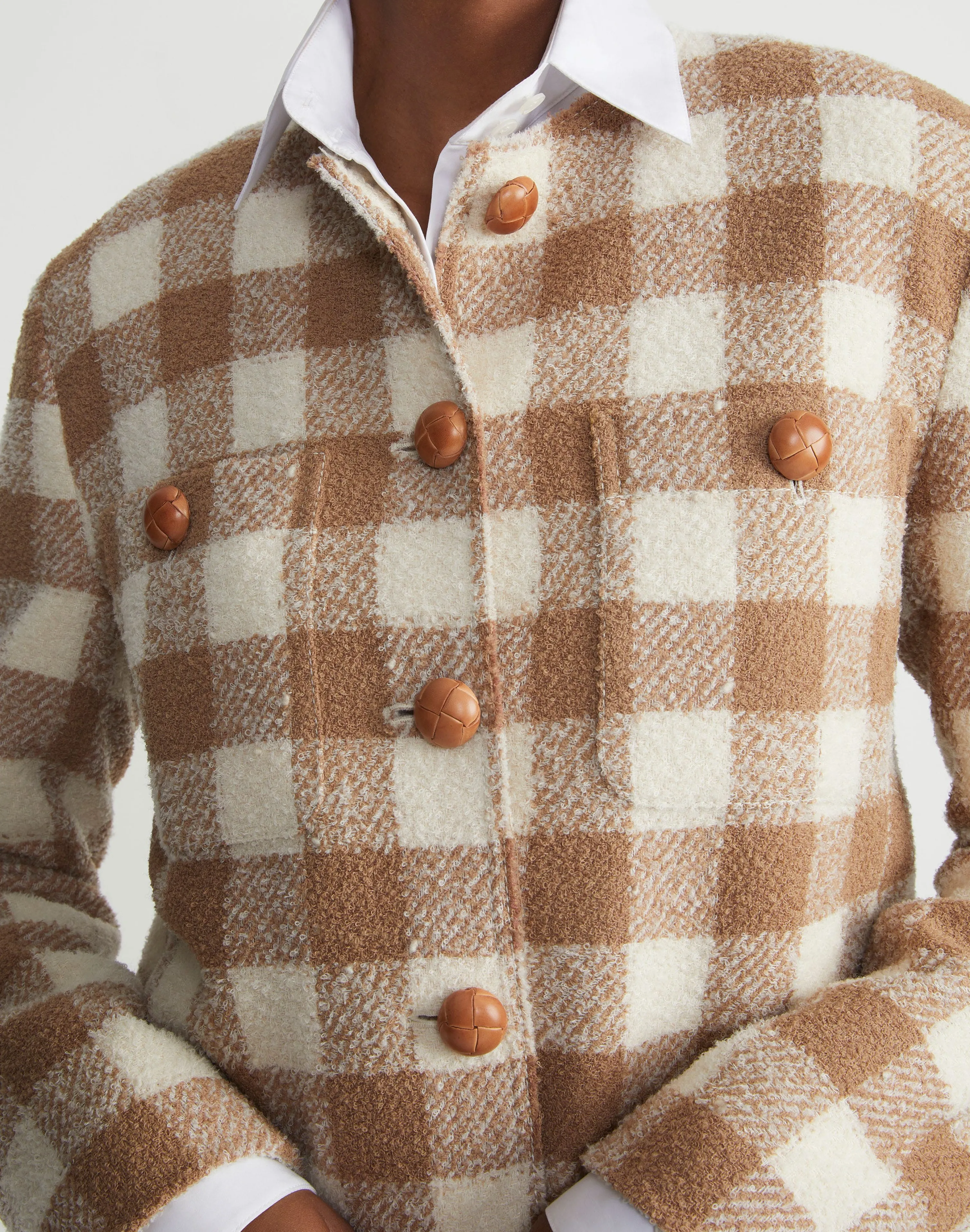 Gingham Wool Collarless Buttoned Jacket