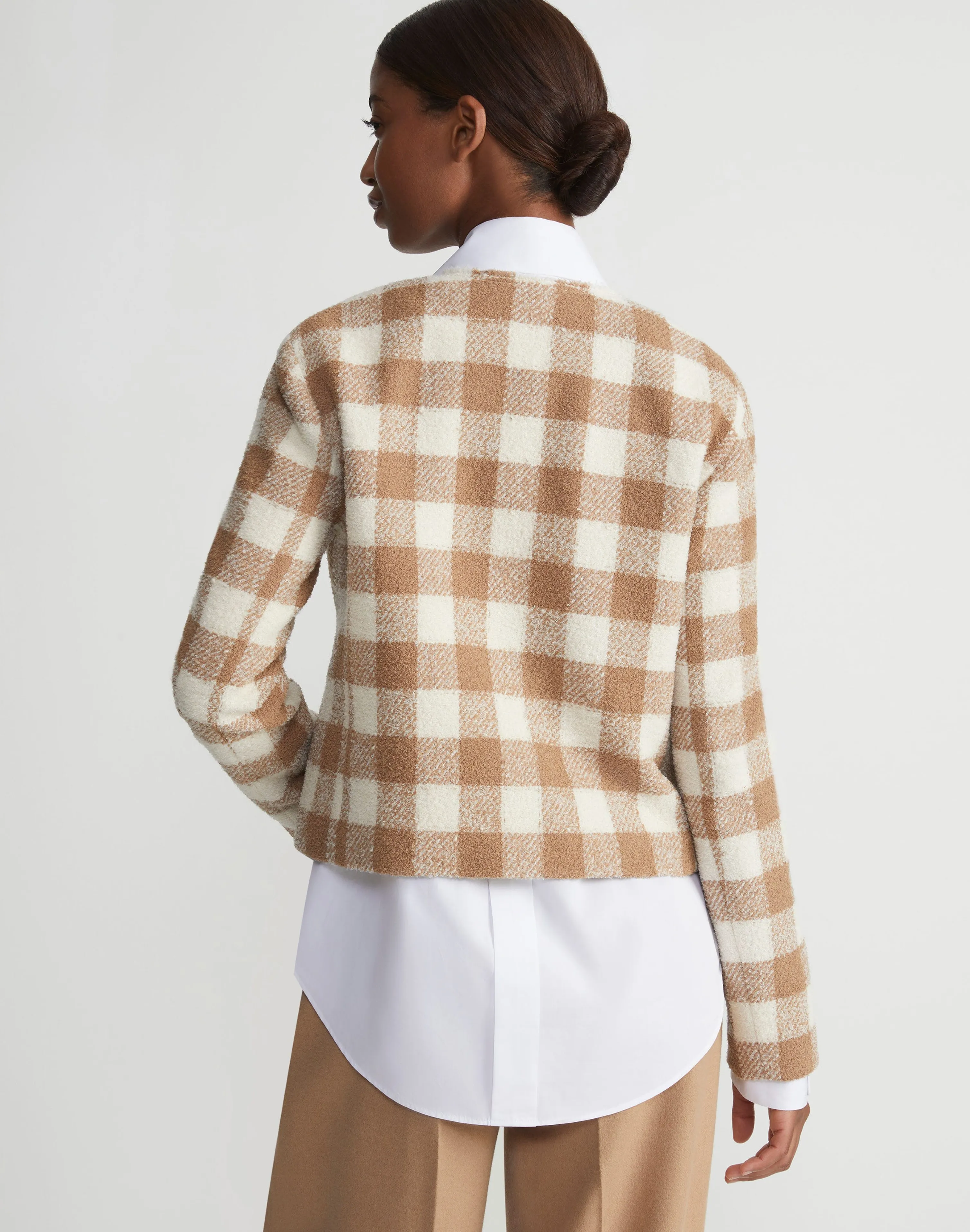 Gingham Wool Collarless Buttoned Jacket