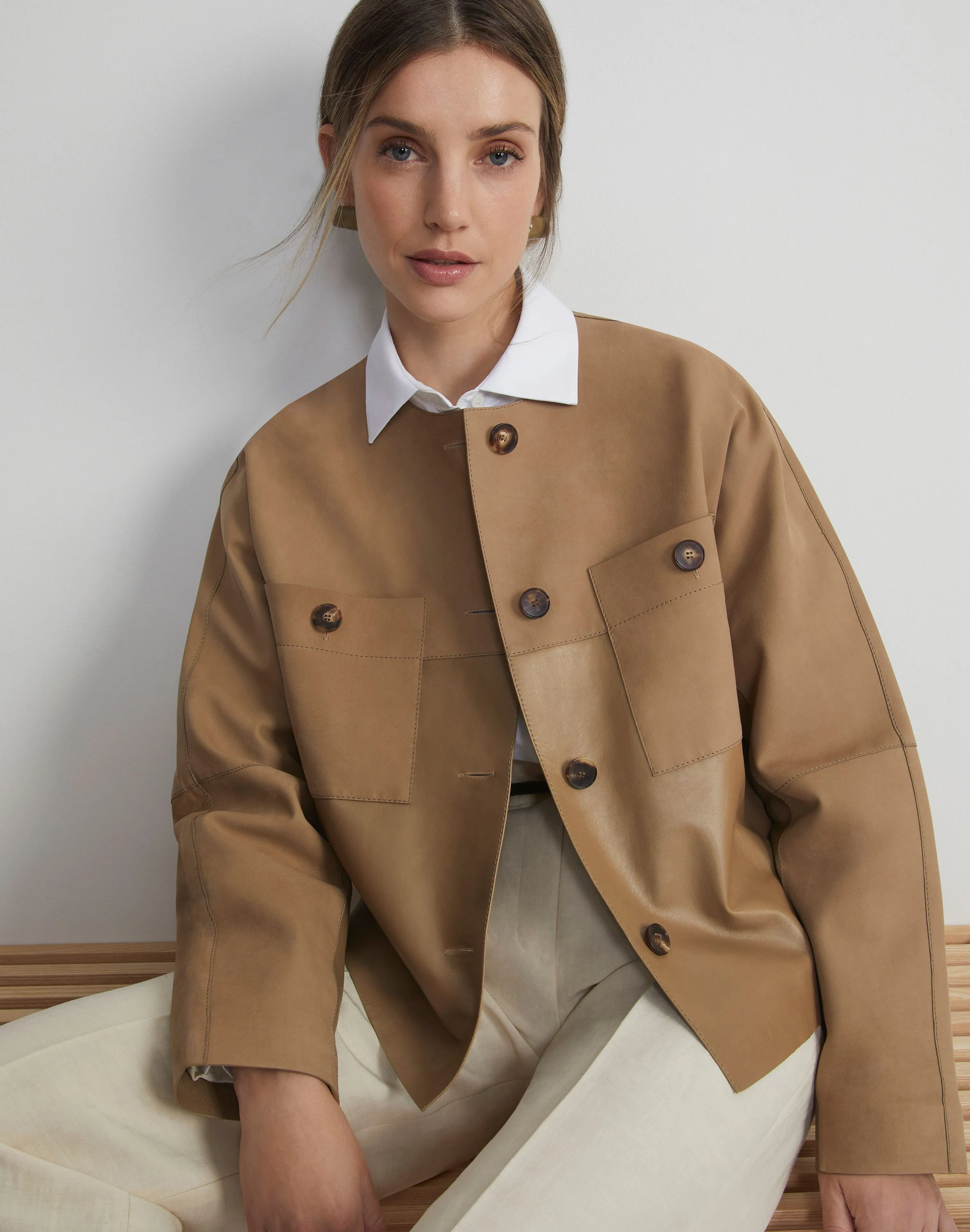 Nubuck Suede & Leather Collarless Jacket