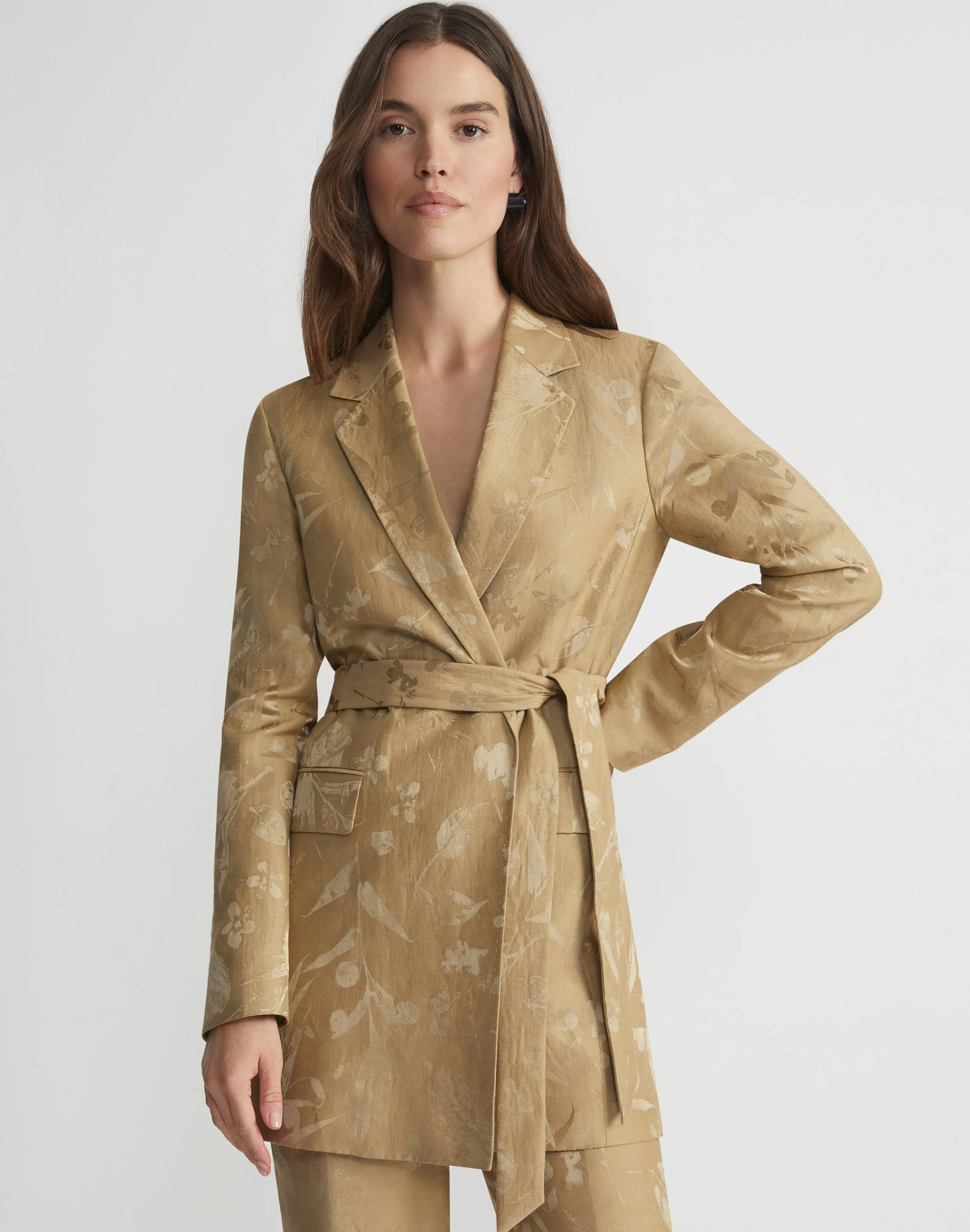Eco Flora Jacquard Linen-Viscose Belted Blazer