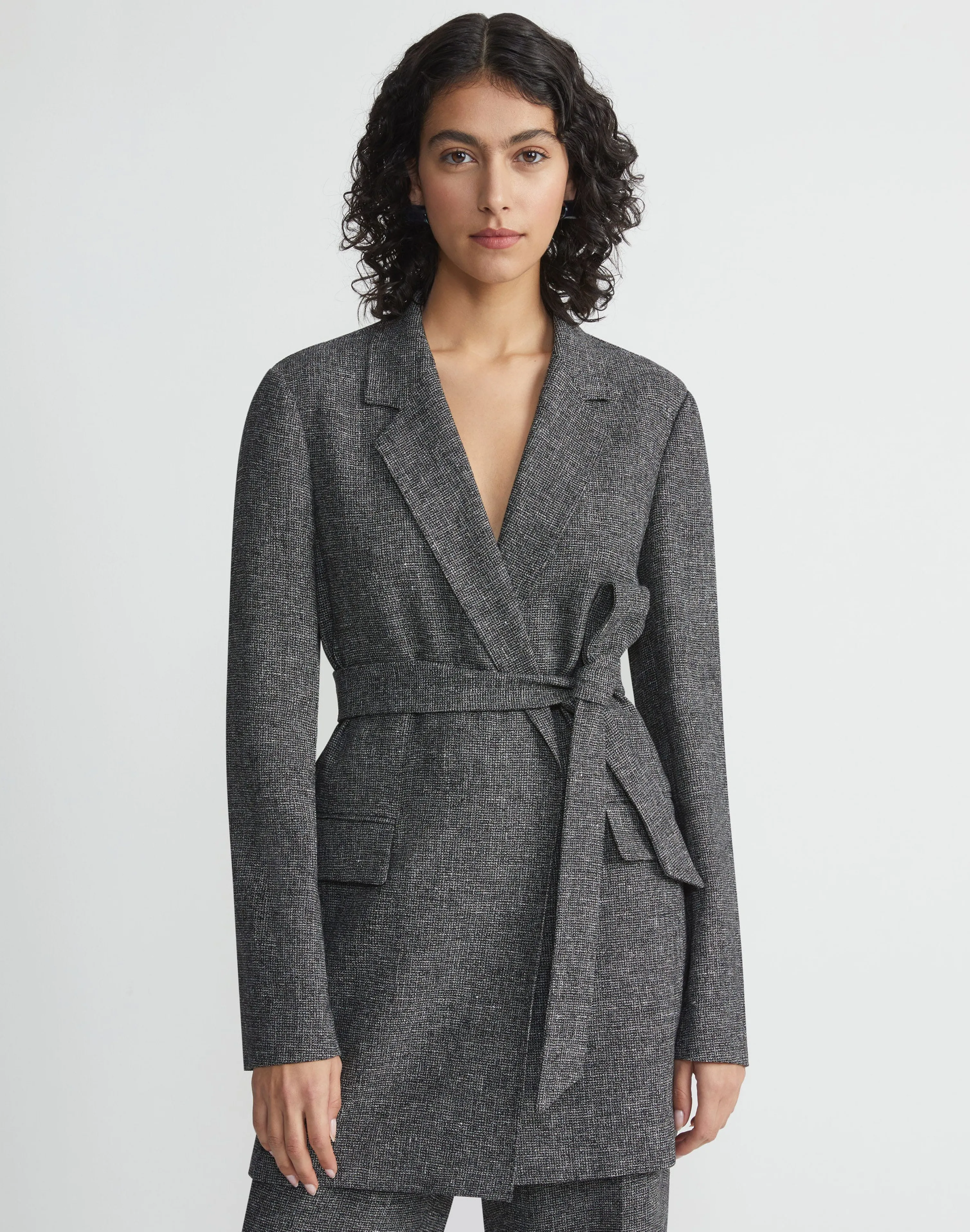 Marled Linen Basketweave Belted Blazer