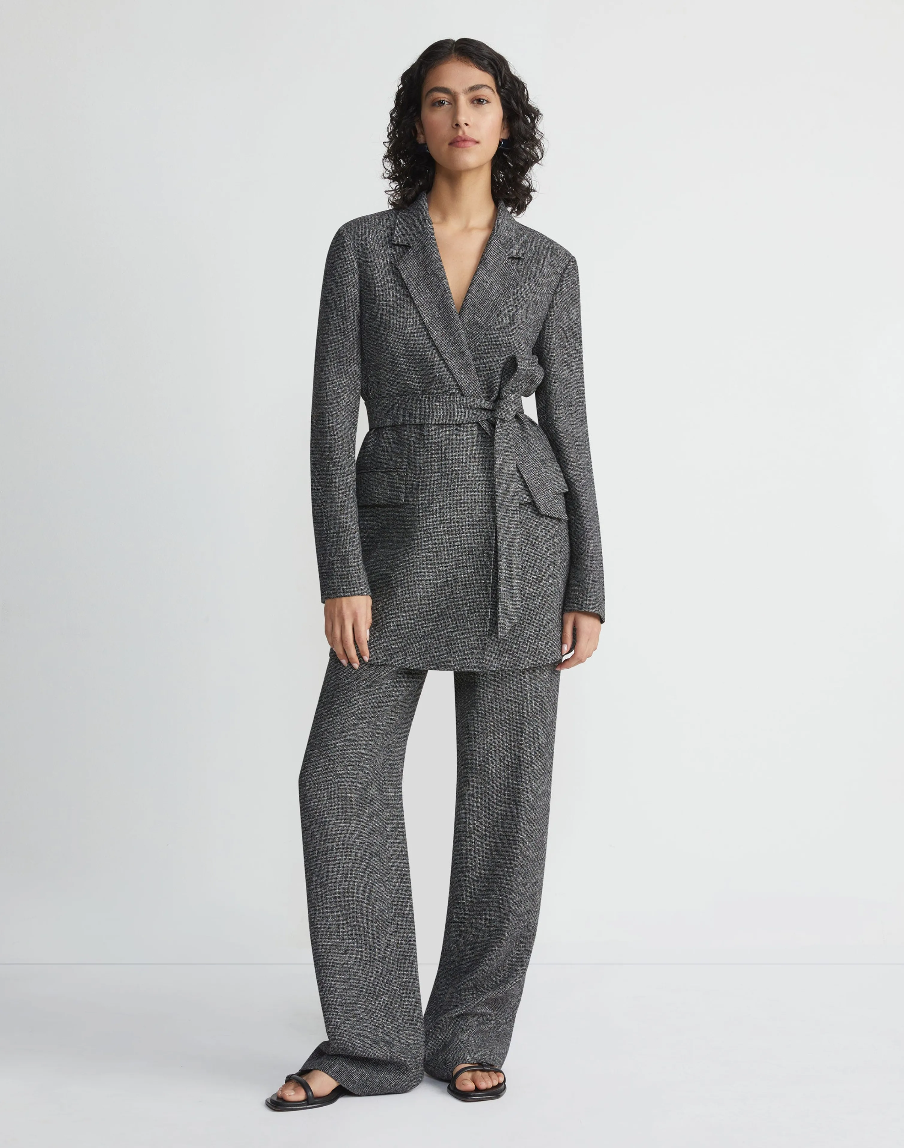 Marled Linen Basketweave Belted Blazer
