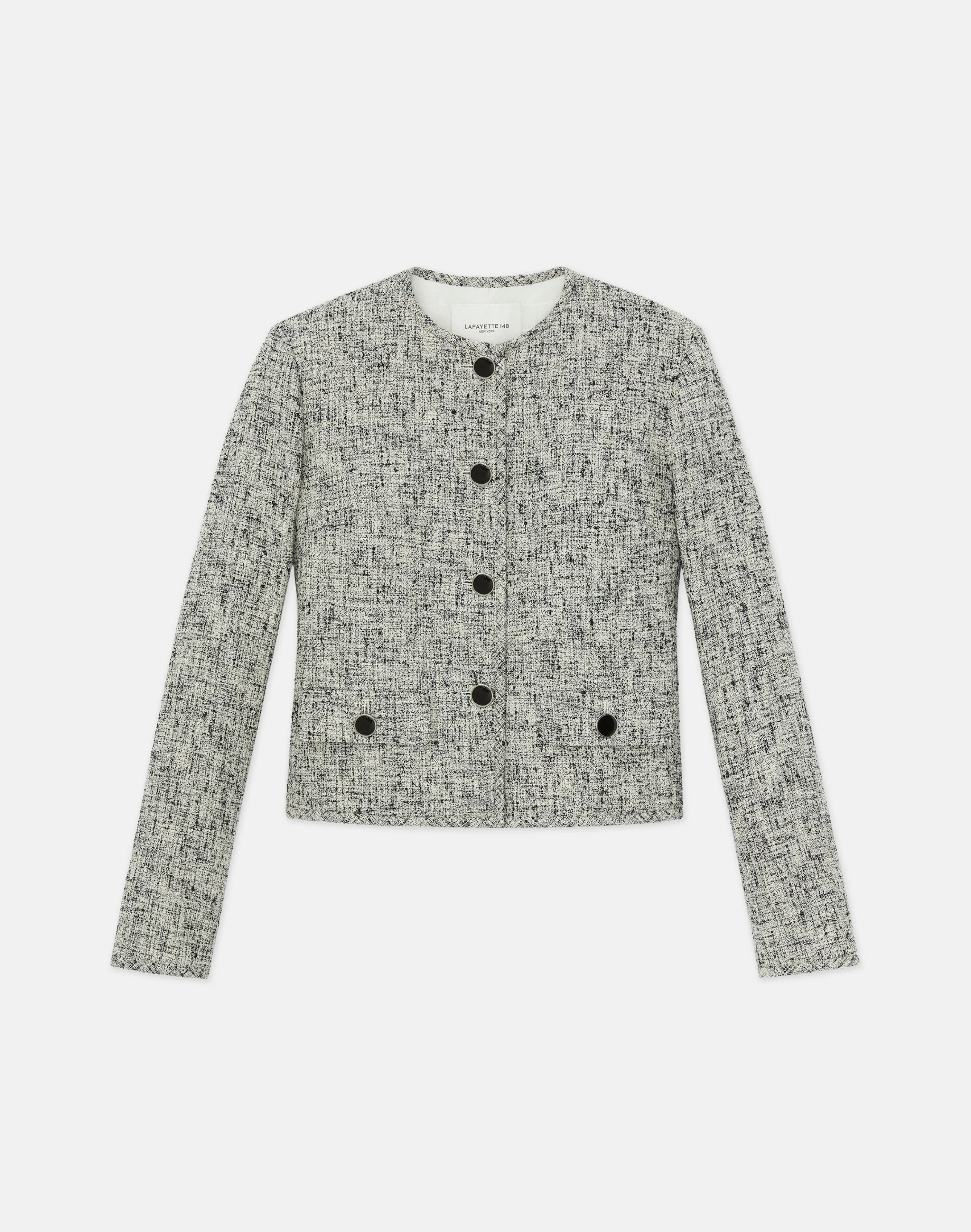Linen-Cotton Bouclé Tweed Collarless Buttoned Jacket