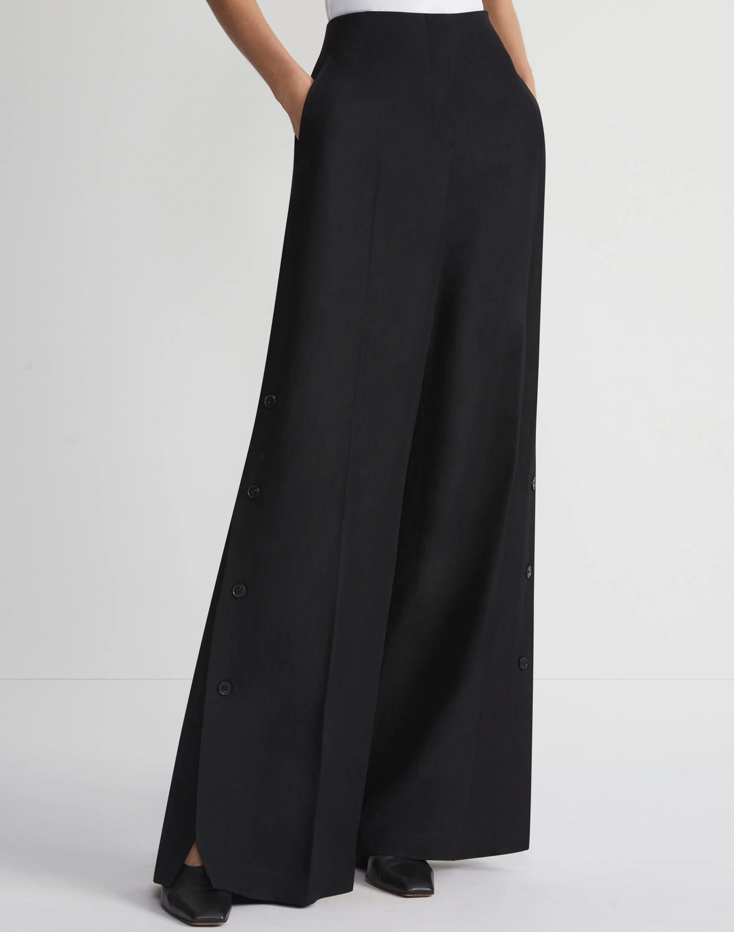 Viscose-Linen Twill Thames Button Wide Leg Pant