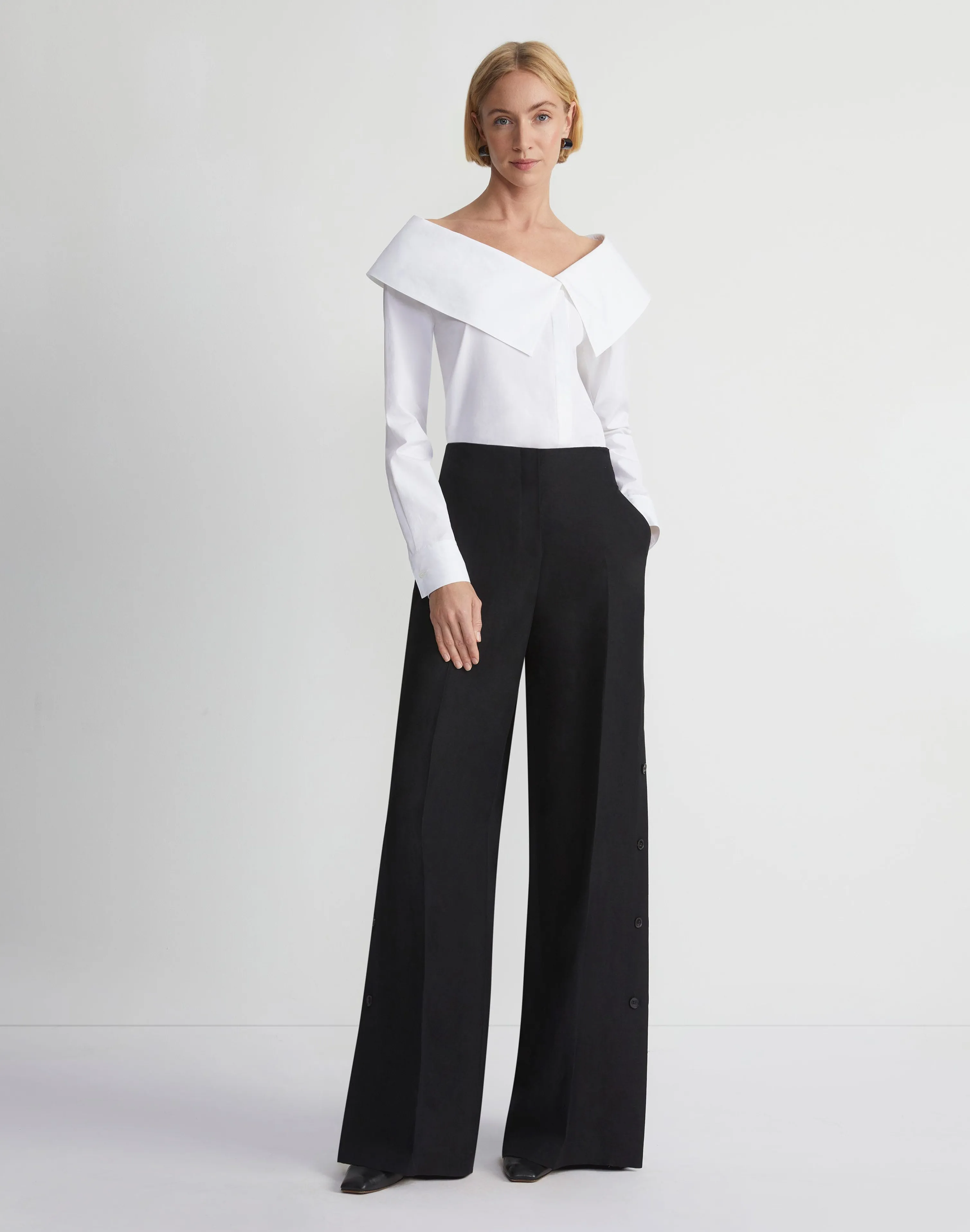 Viscose-Linen Twill Thames Button Wide Leg Pant