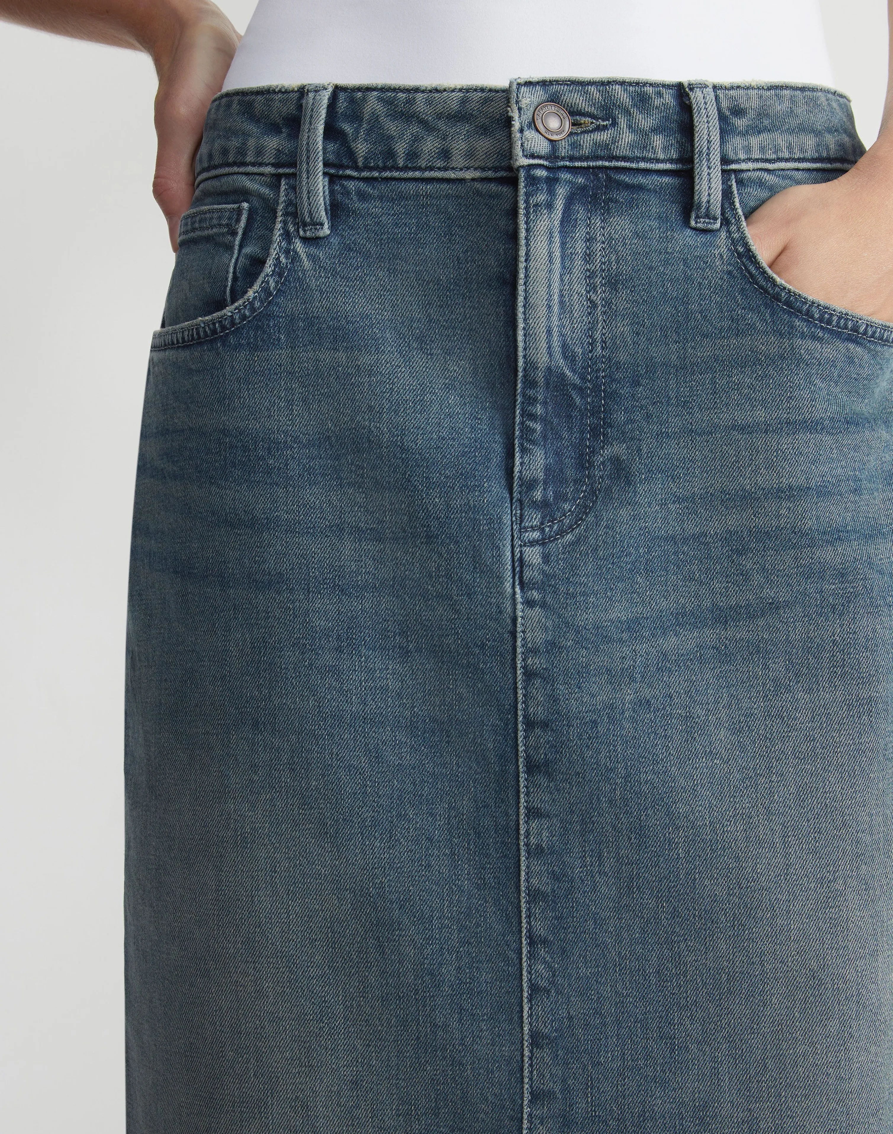 L148 Denim Slit Front Midi Skirt