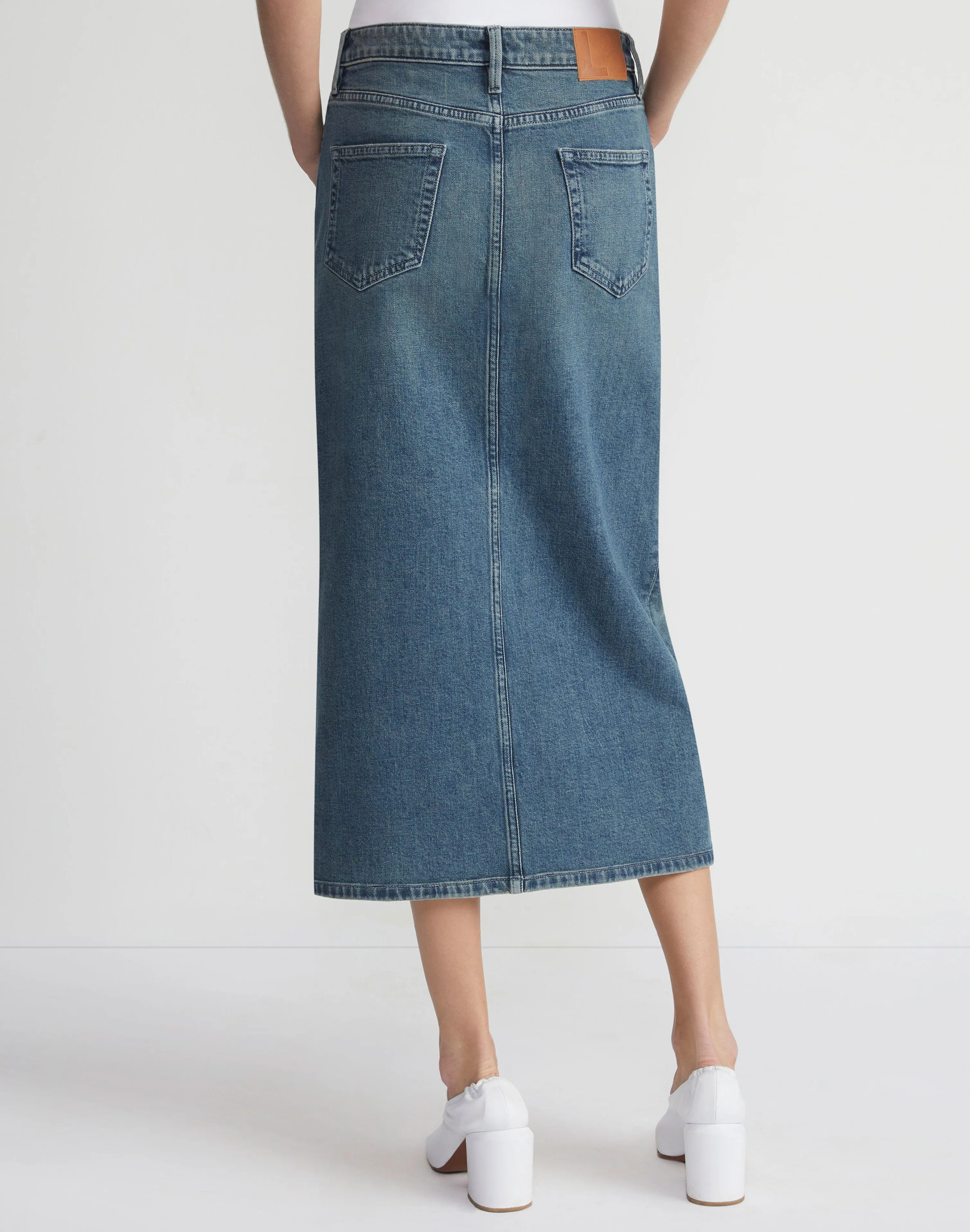 L148 Denim Slit Front Midi Skirt
