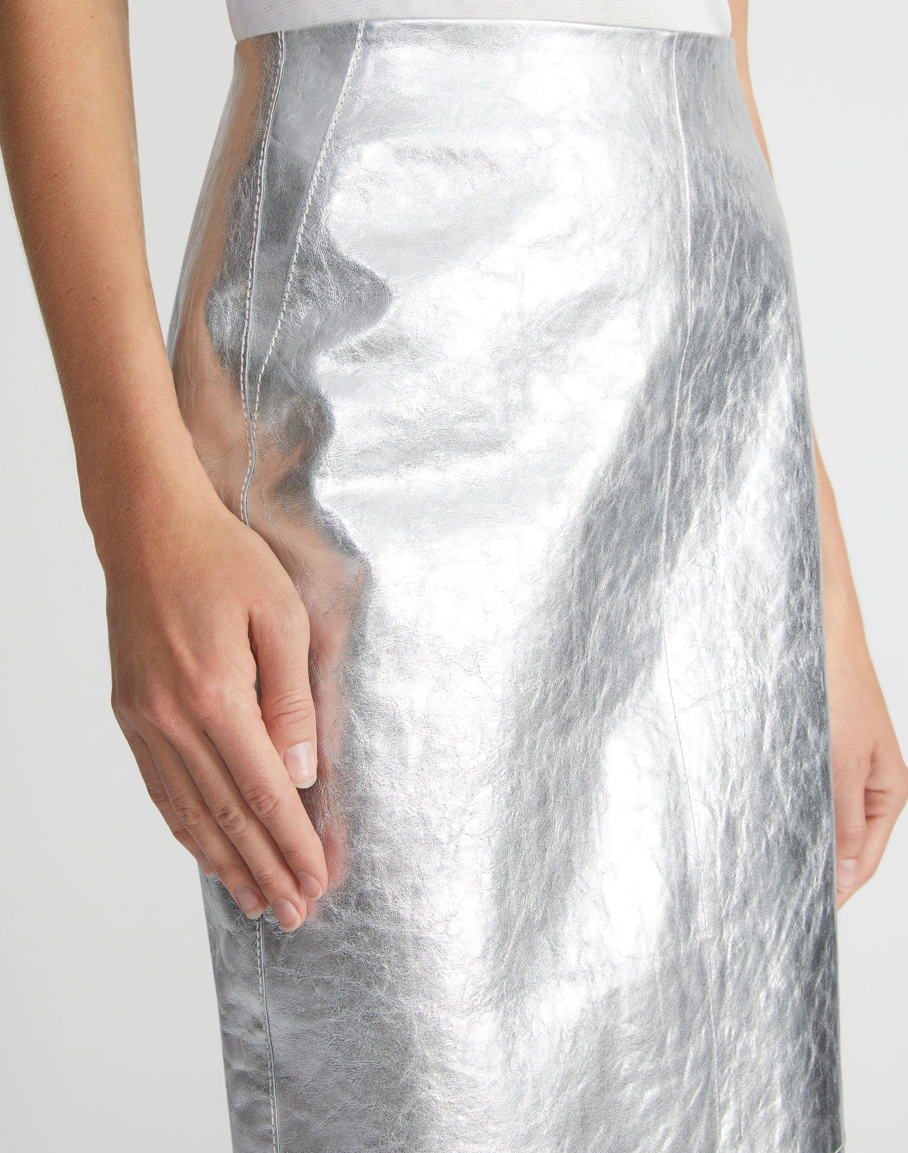 Metallic Crinkle Leather Pencil Skirt