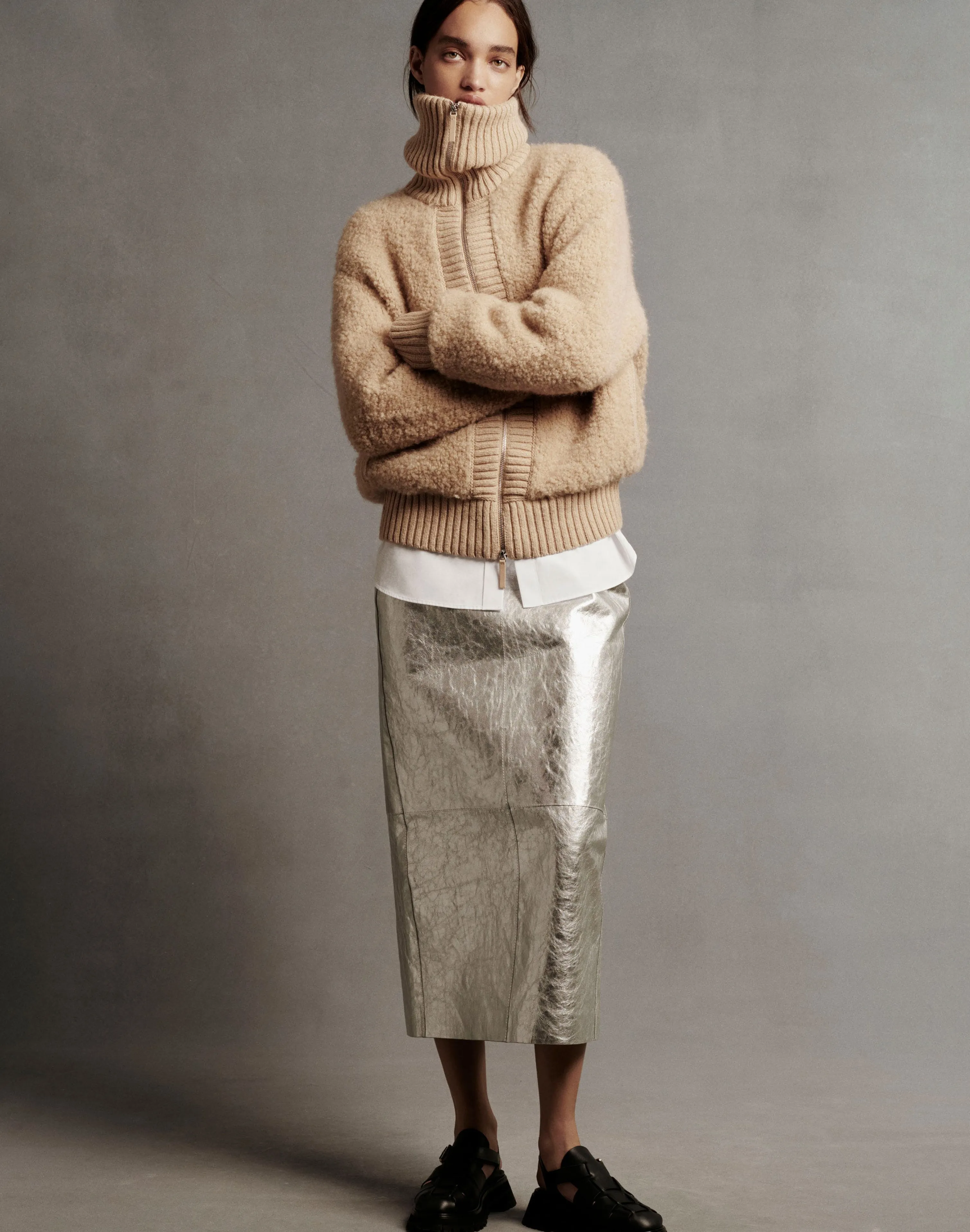 Metallic Crinkle Leather Pencil Skirt