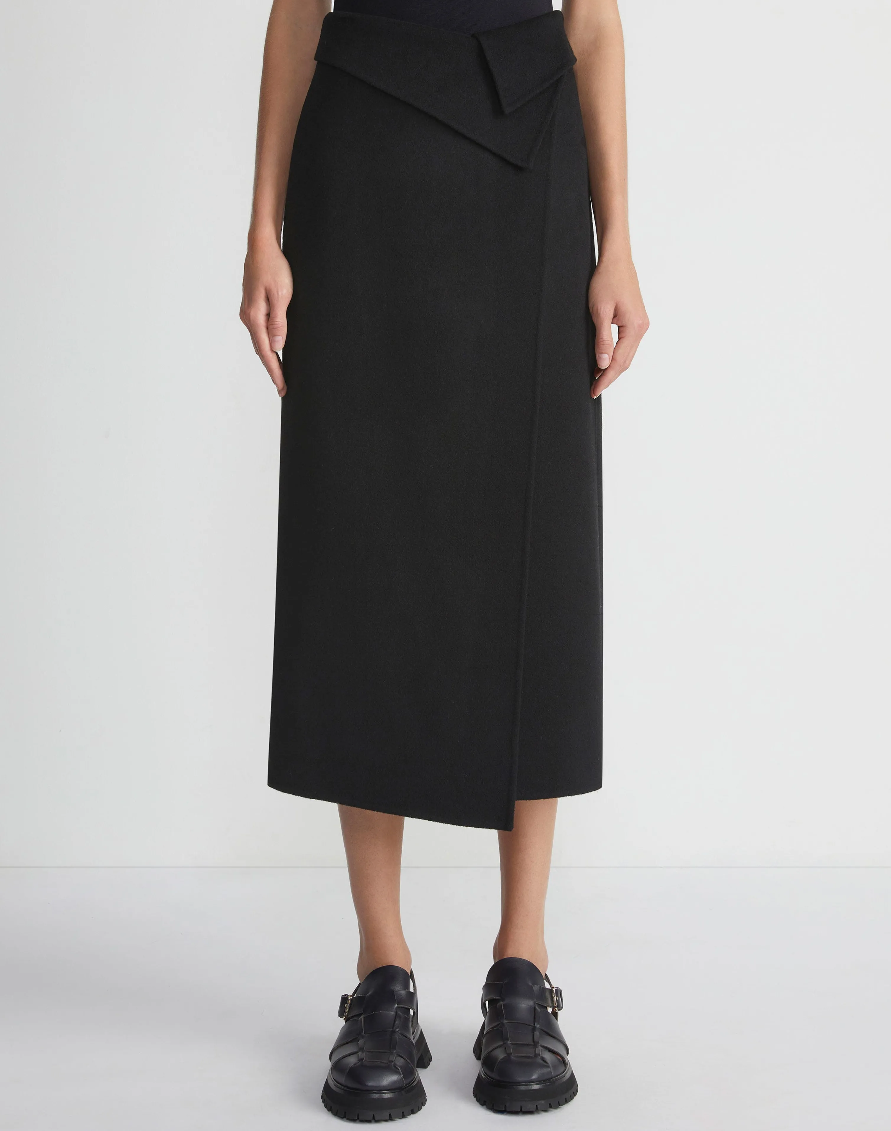 Double Face Wool-Cashmere Foldover Midi Skirt