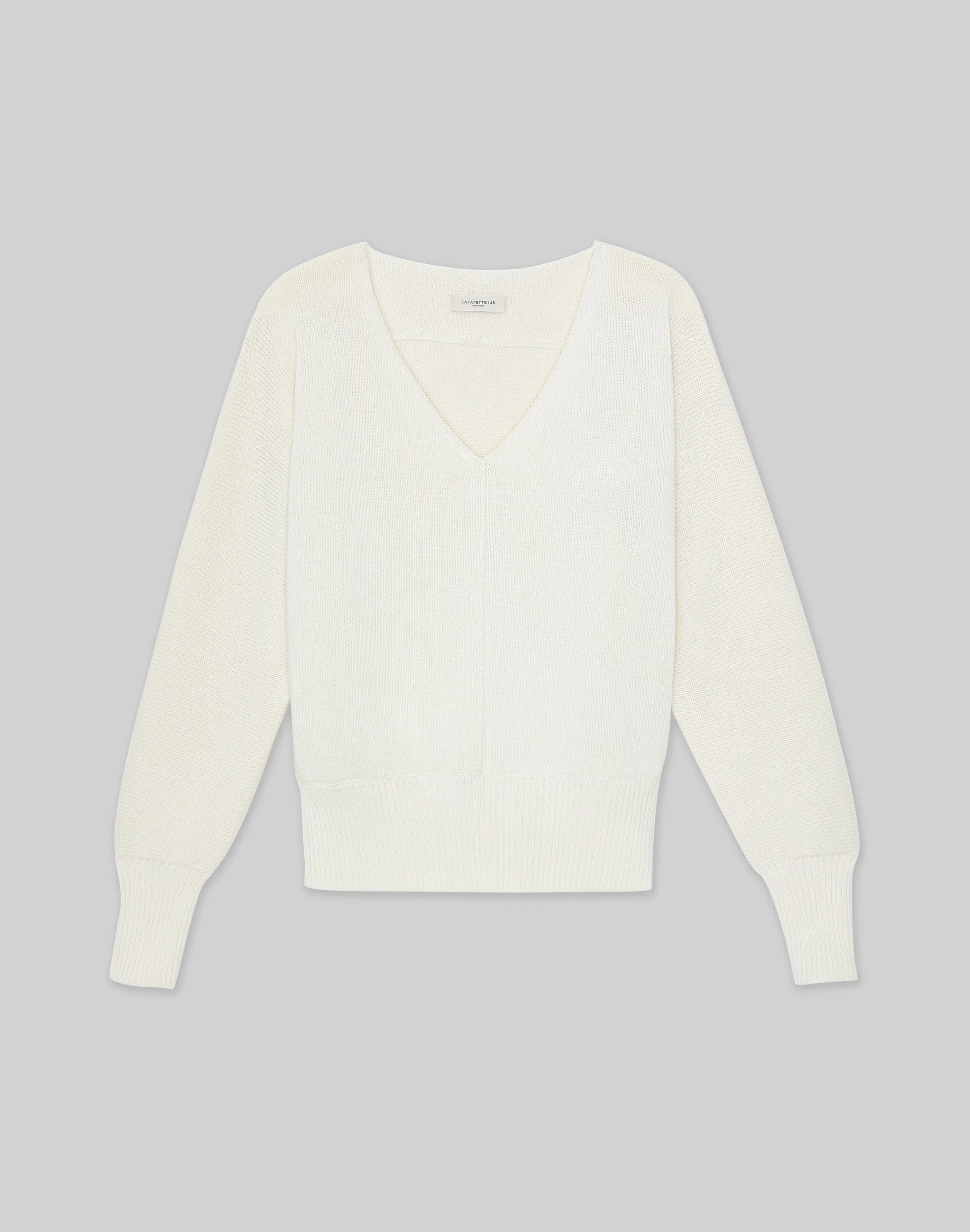 Cotton-Silk Tape Wide V-Neck Dolman Sweater