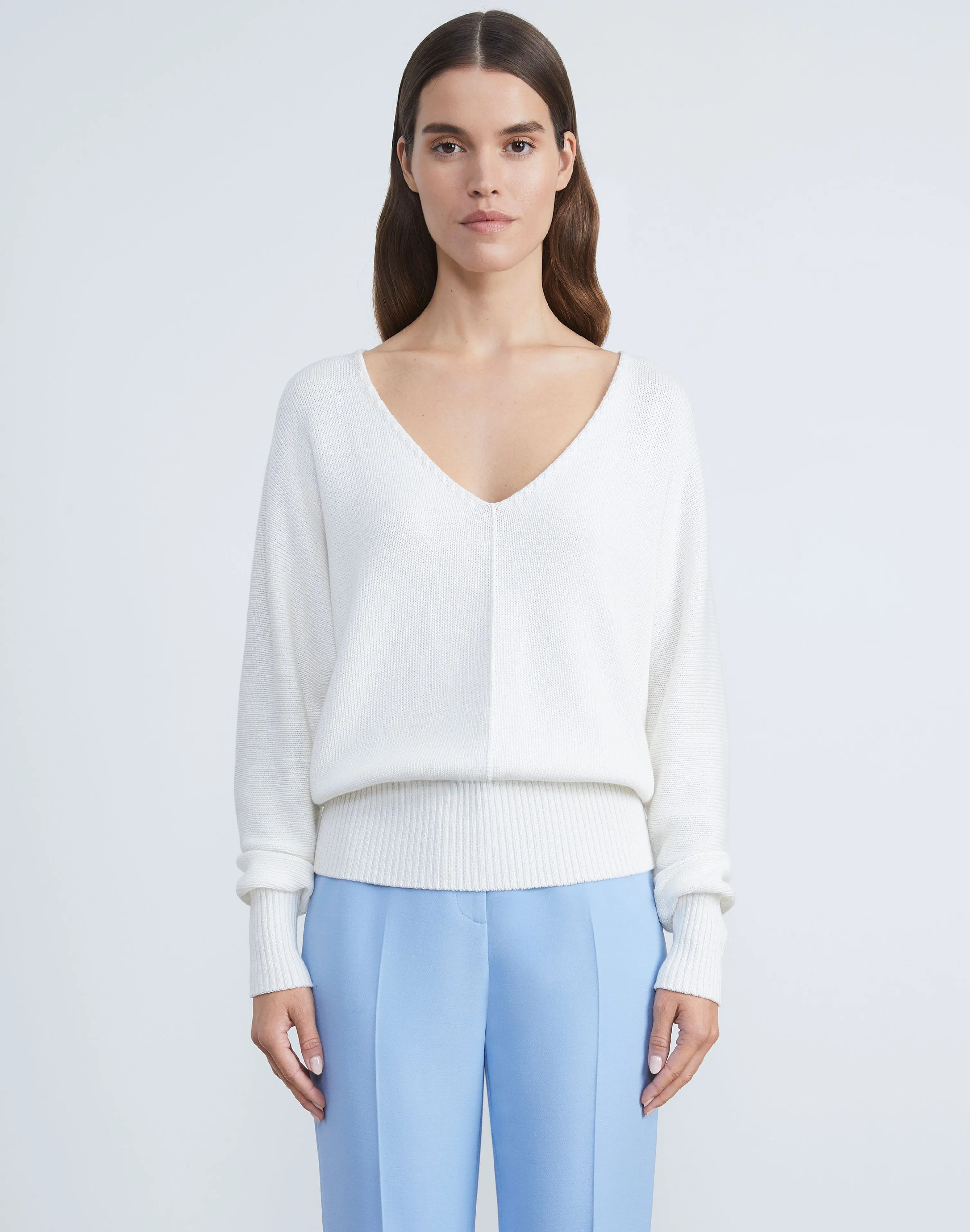 Cotton-Silk Tape Wide V-Neck Dolman Sweater