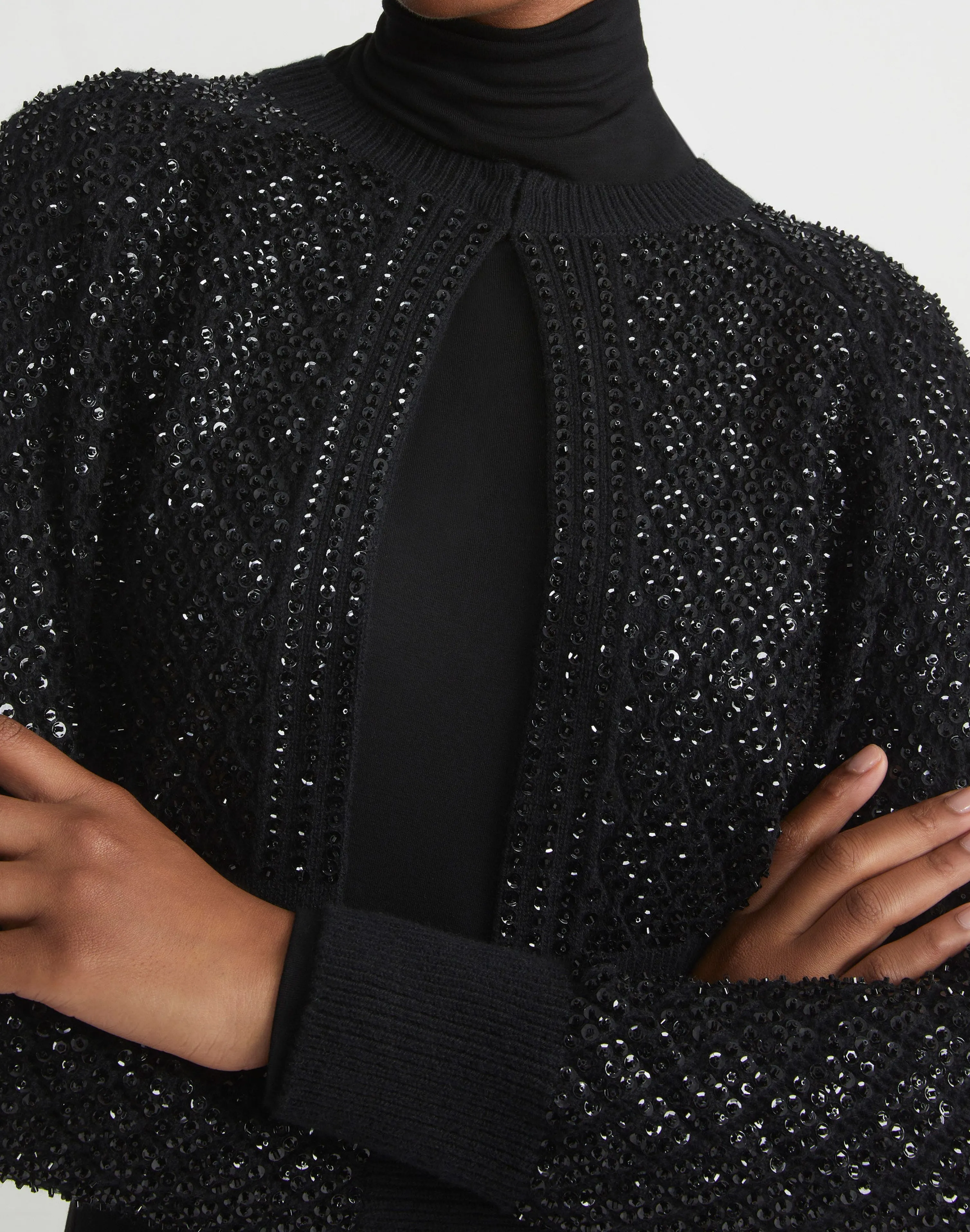 Hand-Embellished Cashmere Lace Stitch Cropped Cardigan