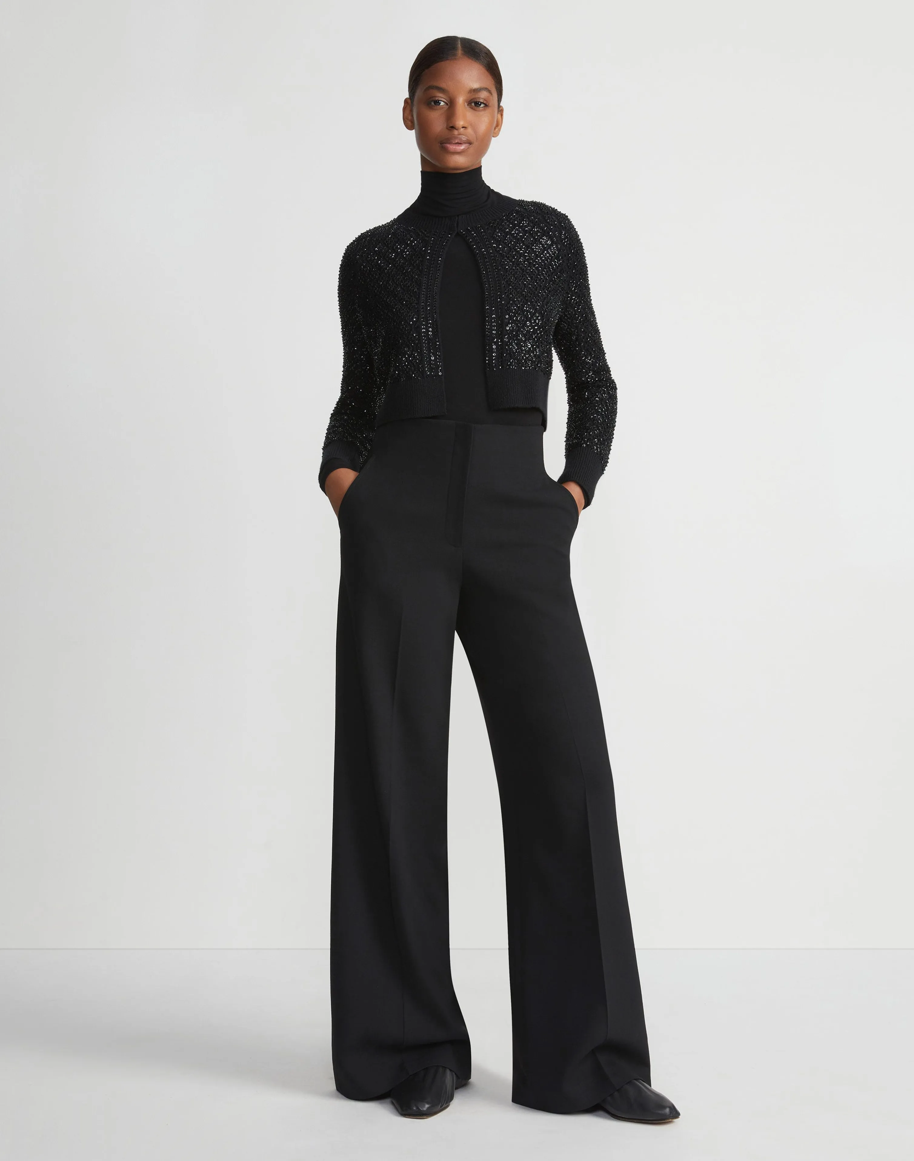 Hand-Embellished Cashmere Lace Stitch Cropped Cardigan