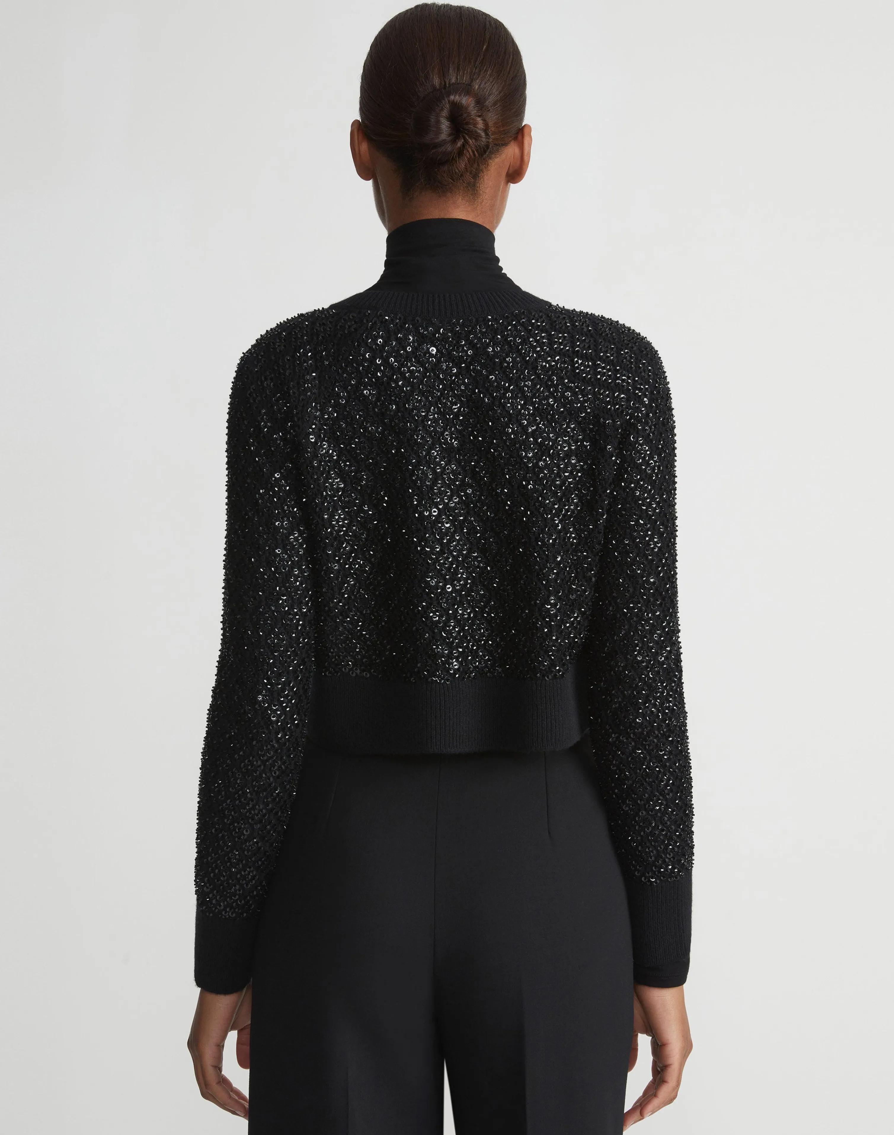 Hand-Embellished Cashmere Lace Stitch Cropped Cardigan