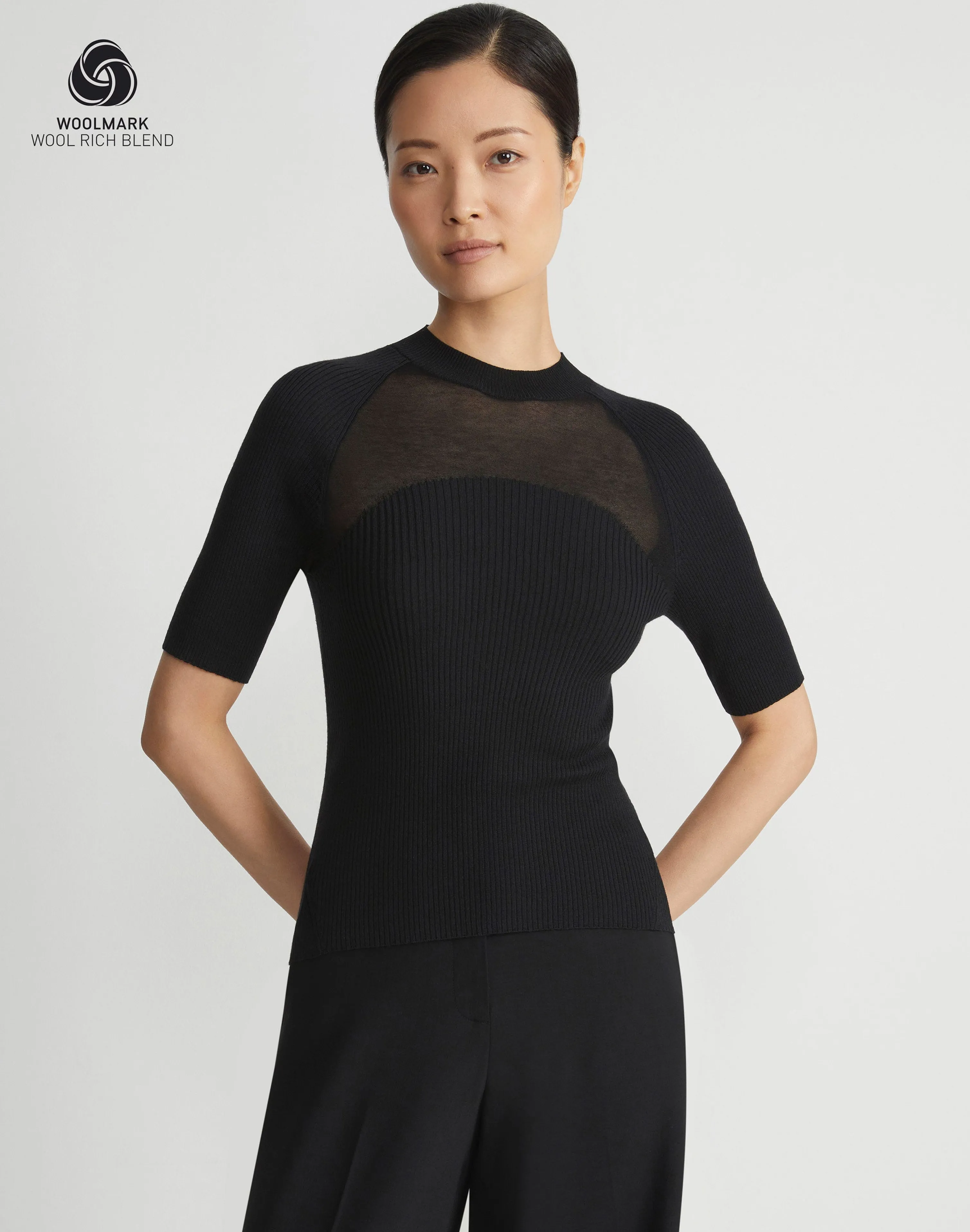 Merino-Silk Ribbed Sheer Yoke Sweater