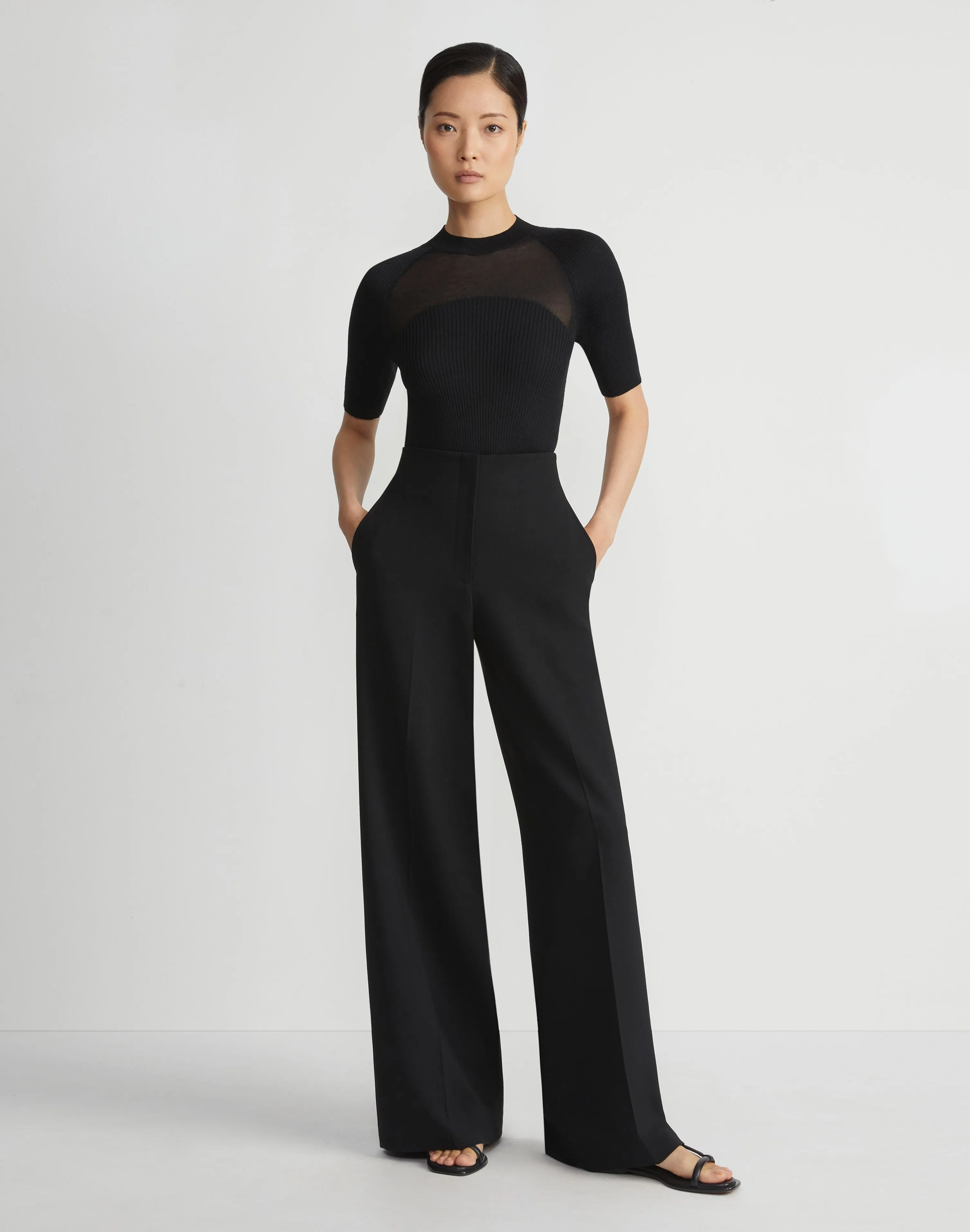 Merino-Silk Ribbed Sheer Yoke Sweater