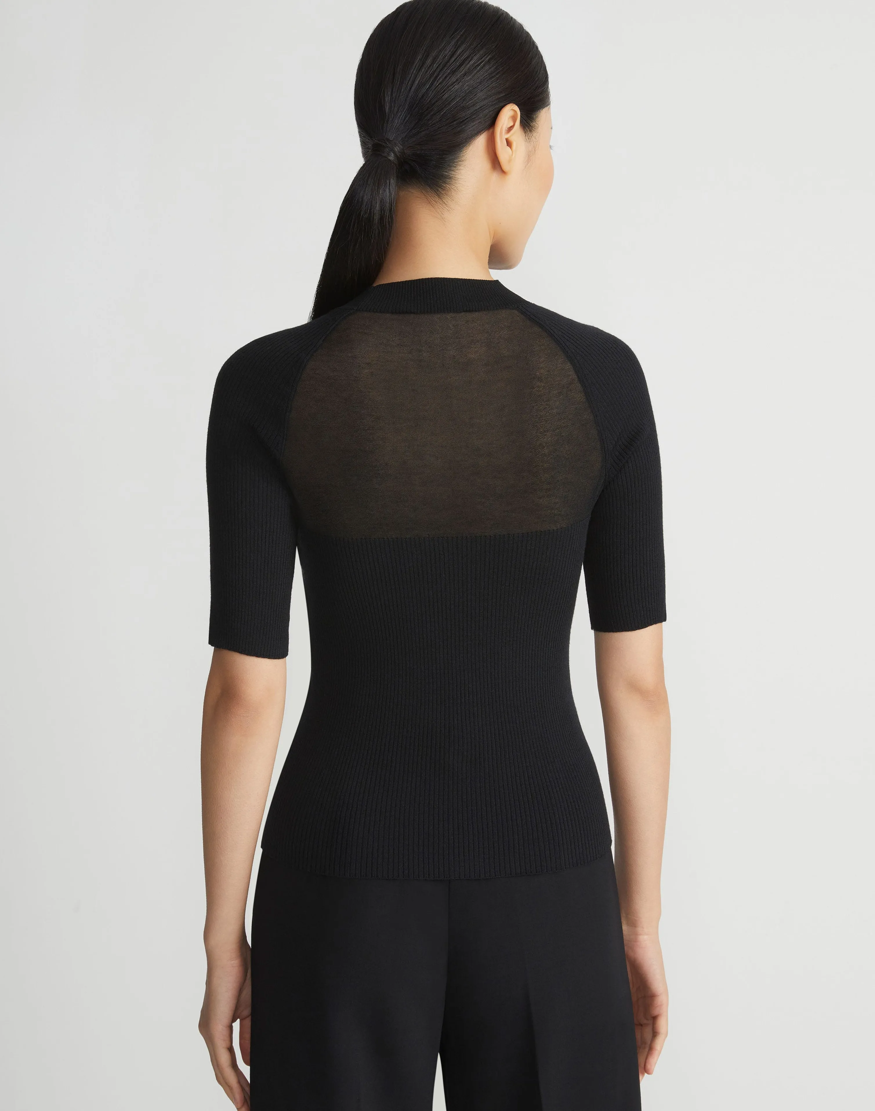 Merino-Silk Ribbed Sheer Yoke Sweater