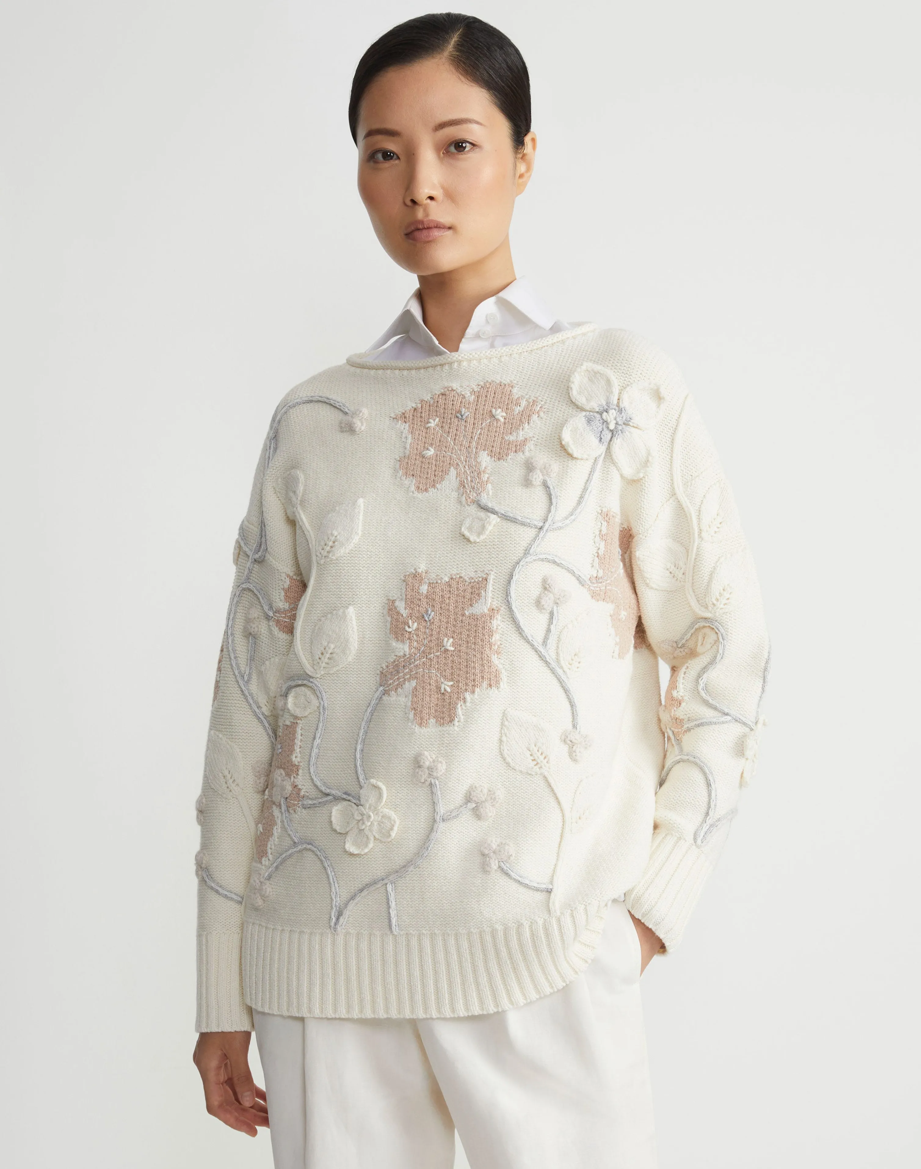 Hand-Embroidered Flora Bloom Cotton-Wool Chainette Sweater